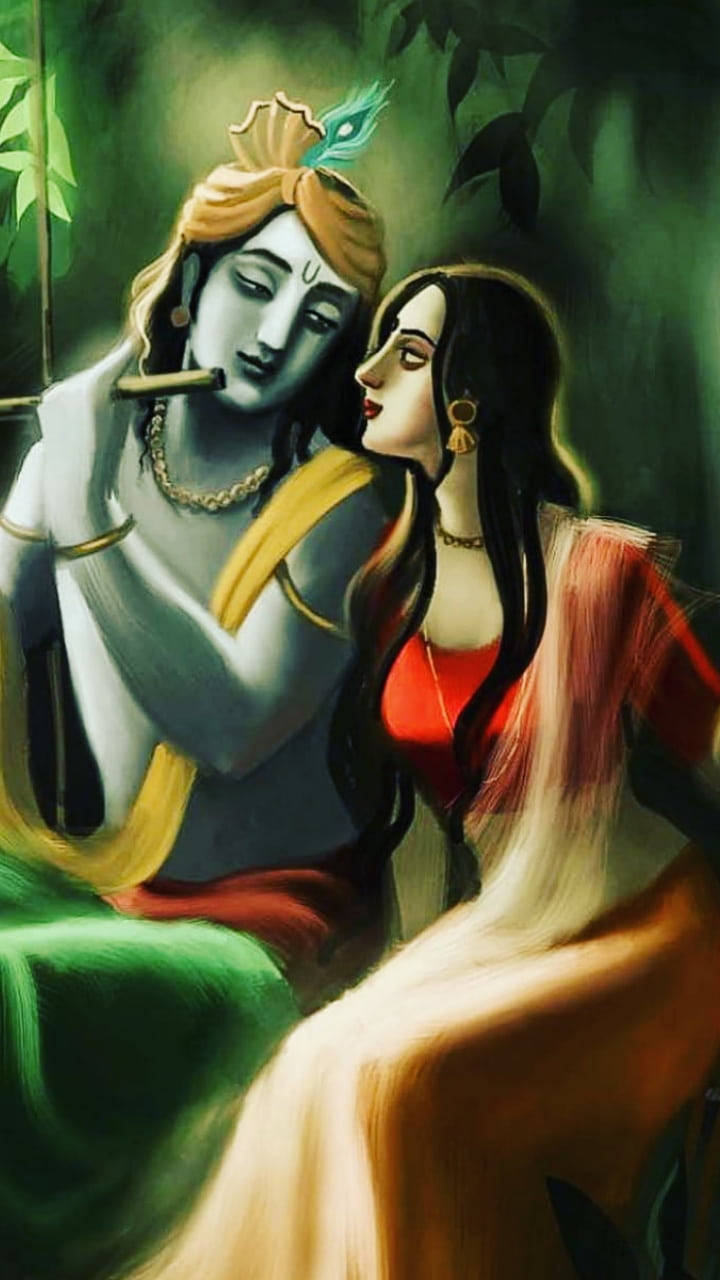 krishna phone 桌布 壁紙 — 一幅寧靜的插圖，描繪克里希納在茂密的綠色森林中吹笛子，而拉達凝視著他。