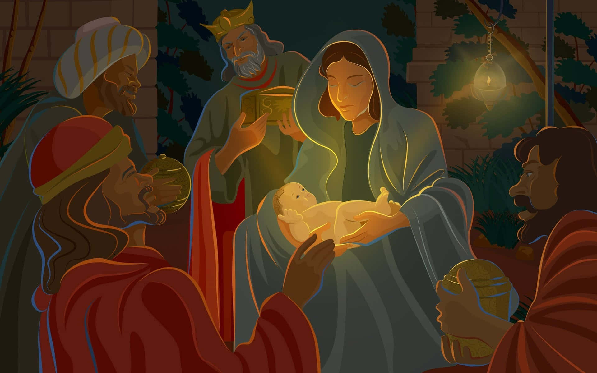 Nativity Scene 桌布 壁紙 — 一幅寧靜的插圖，描繪瑪利亞懷抱嬰兒耶穌，三位智者於溫暖的燈光下獻上禮物。