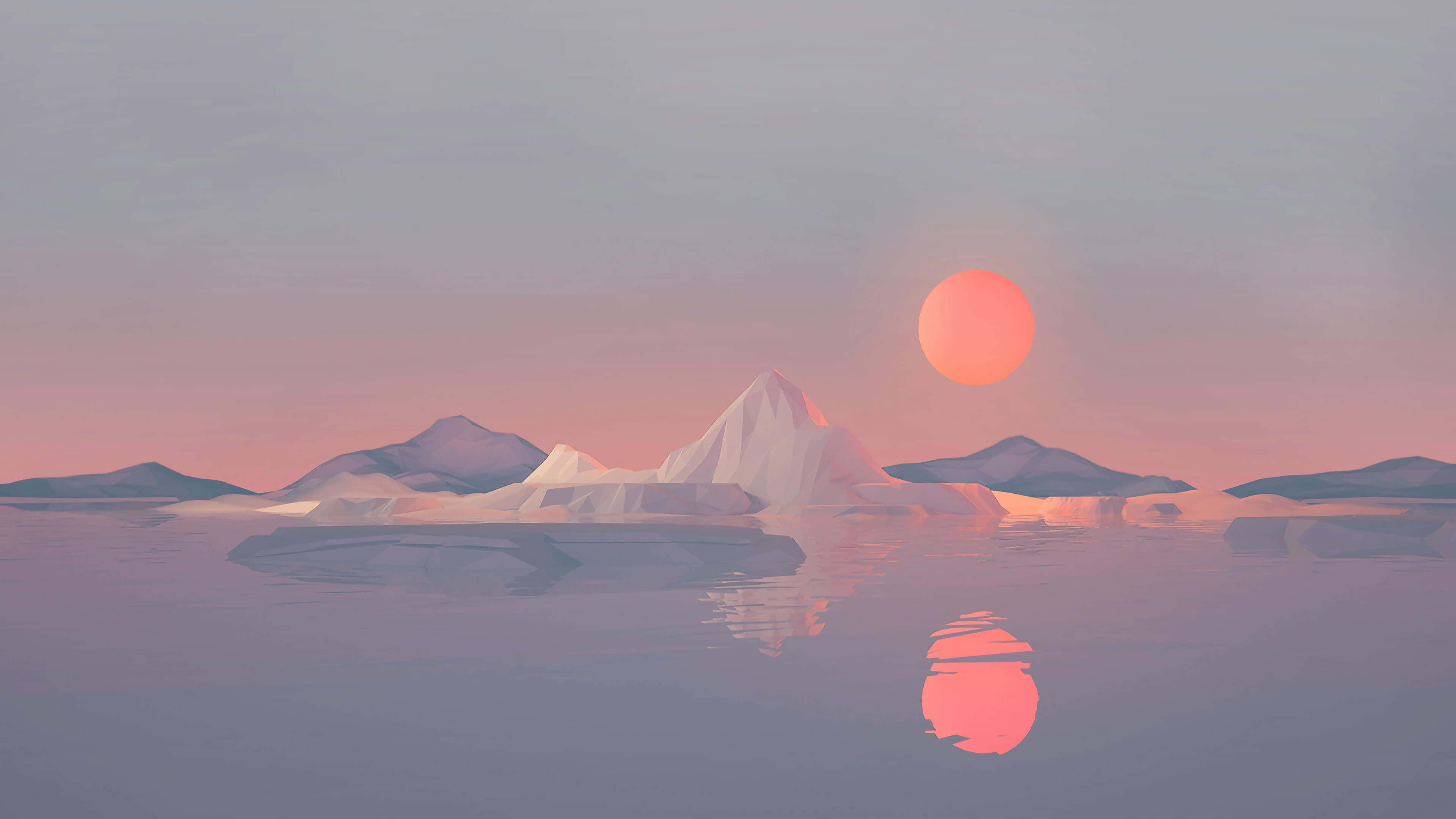 Minimalist Sunset 桌布 壁紙 — 一幅寧靜的數位畫作，描繪粉紅色日落映照在冰山和寧靜的水面上，伴隨著一顆發光的橙色太陽。