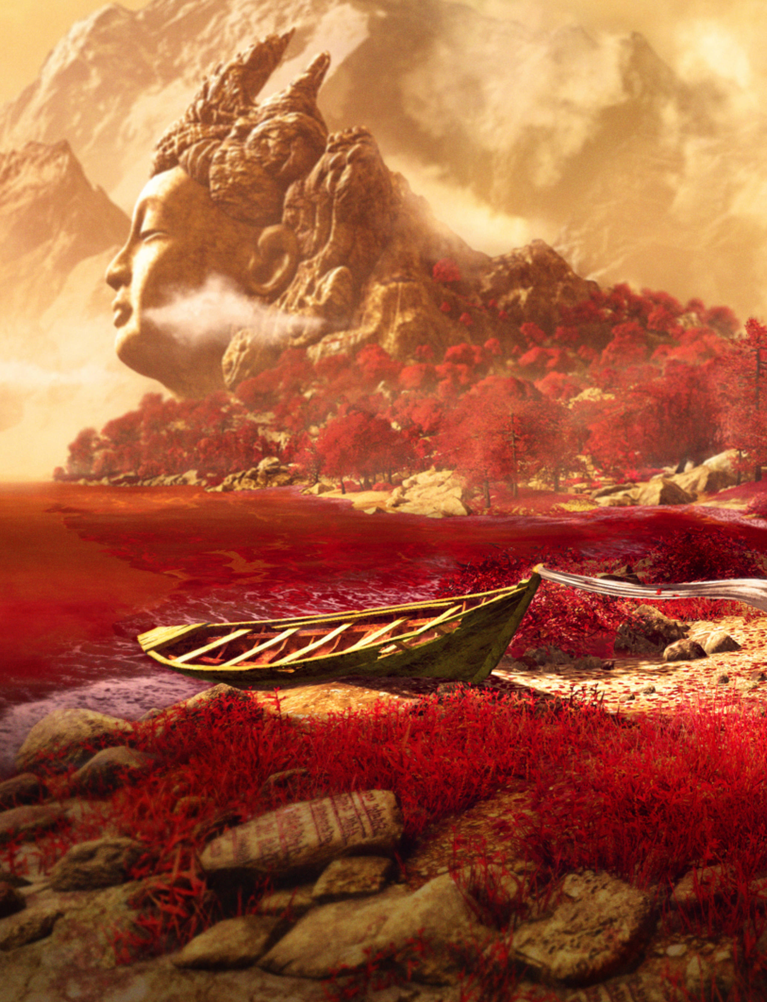 far cry iPhone 桌布 壁紙 — 一幅寧靜的數碼藝術作品描繪了一個巨大的石佛頭從霧氣繚繞的山巒中浮現，下方是深紅色的湖泊，一艘孤獨的木船停泊在紅草覆蓋的岸邊。