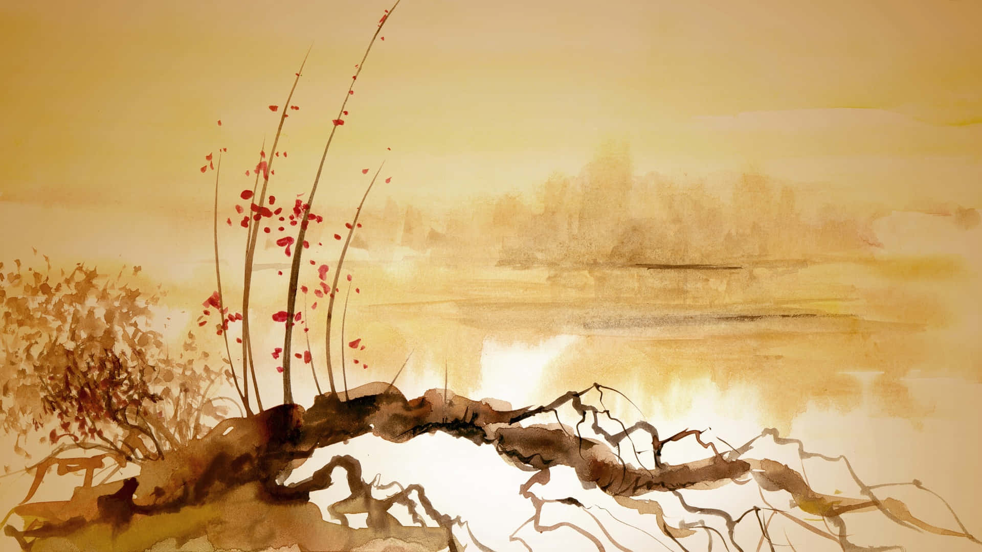 Fine Arts 桌布 壁紙 — 一幅寧靜的水彩畫，描繪了在霧氣瀰漫的金色湖泊旁，從盤根錯節的樹根中長出的紅色開花枝條。
