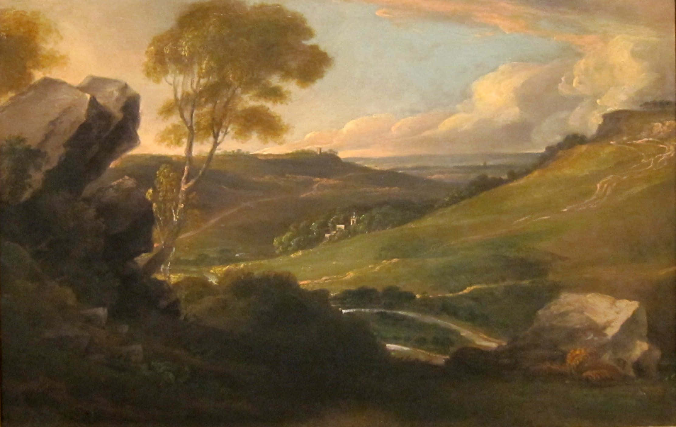 Romanticism 桌布 壁紙 — 一幅寧靜的油畫，描繪陽光明媚的山谷，起伏的綠色山丘，蜿蜒的河流，以及多雲天空下大岩石旁的一棵孤樹。