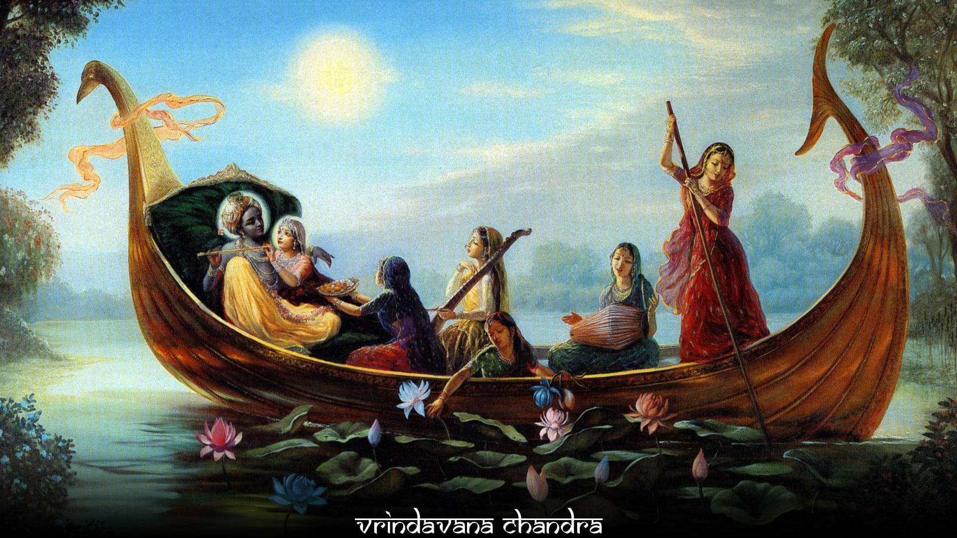 Krishna HD 桌布 壁紙 — 一幅寧靜的畫作，描繪一艘木船，船上的人物在陽光普照、蓮花盛開的湖上享受音樂和陪伴。