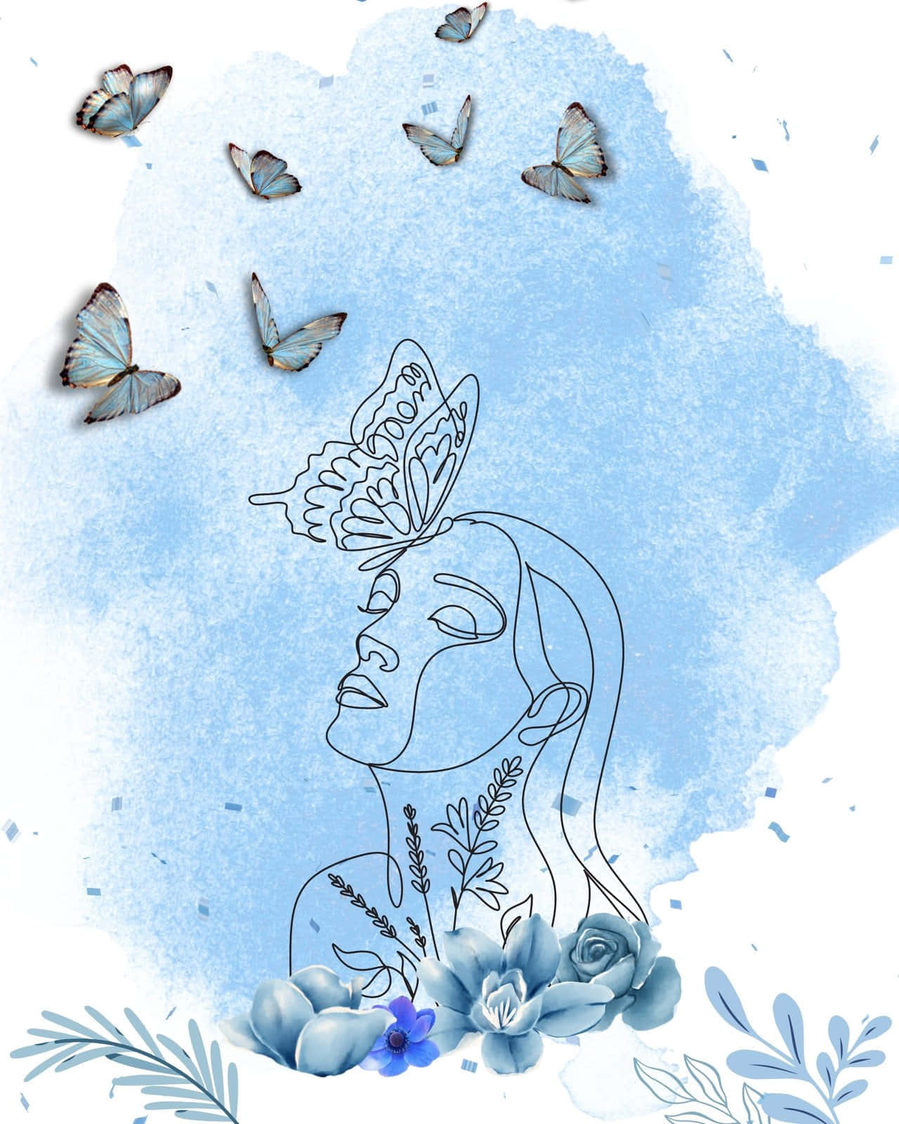 插畫 桌布 壁紙 — 一幅寧靜的線條藝術肖像畫，描繪一位頭上有蝴蝶的女性，周圍環繞著飄浮的蝴蝶和藍色花卉元素，背景是柔和的水彩藍色。