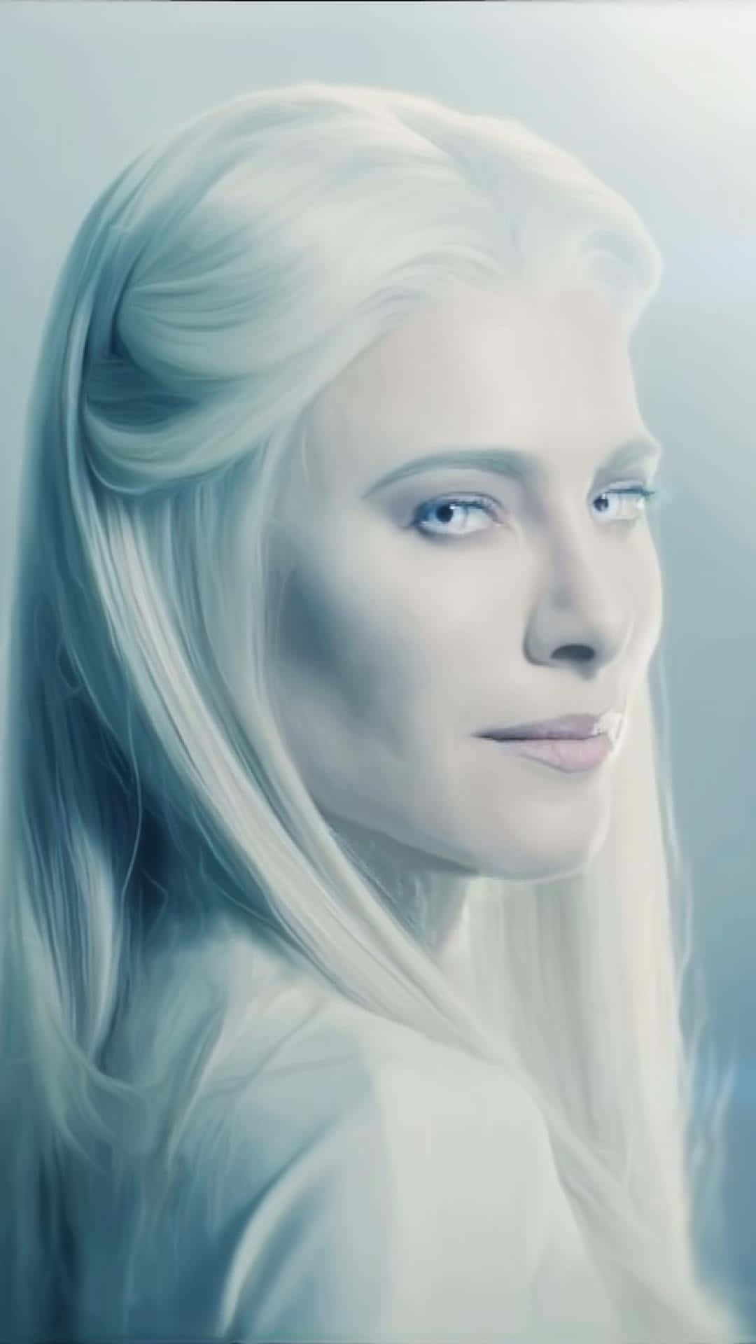 Jaime Murray 桌布 壁紙 — 一幅寧靜的肖像，一位擁有飄逸白髮和柔和藍眼睛的女性，在朦朧的淺藍色背景下溫柔地凝視。