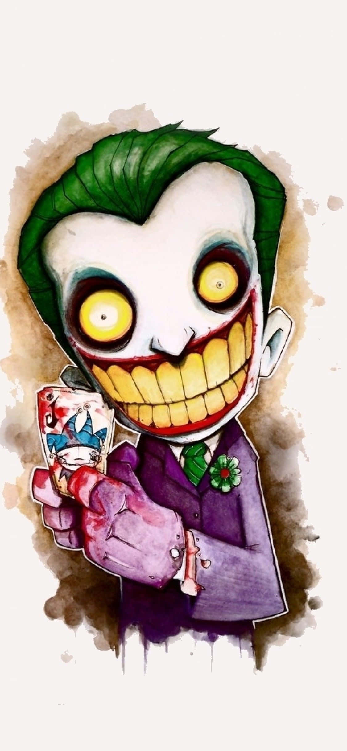 Cartoon Horror 桌布 壁紙 — 一幅小丑的水彩插圖，綠色頭髮、黃色眼睛，咧嘴大笑，手持一張撲克牌。