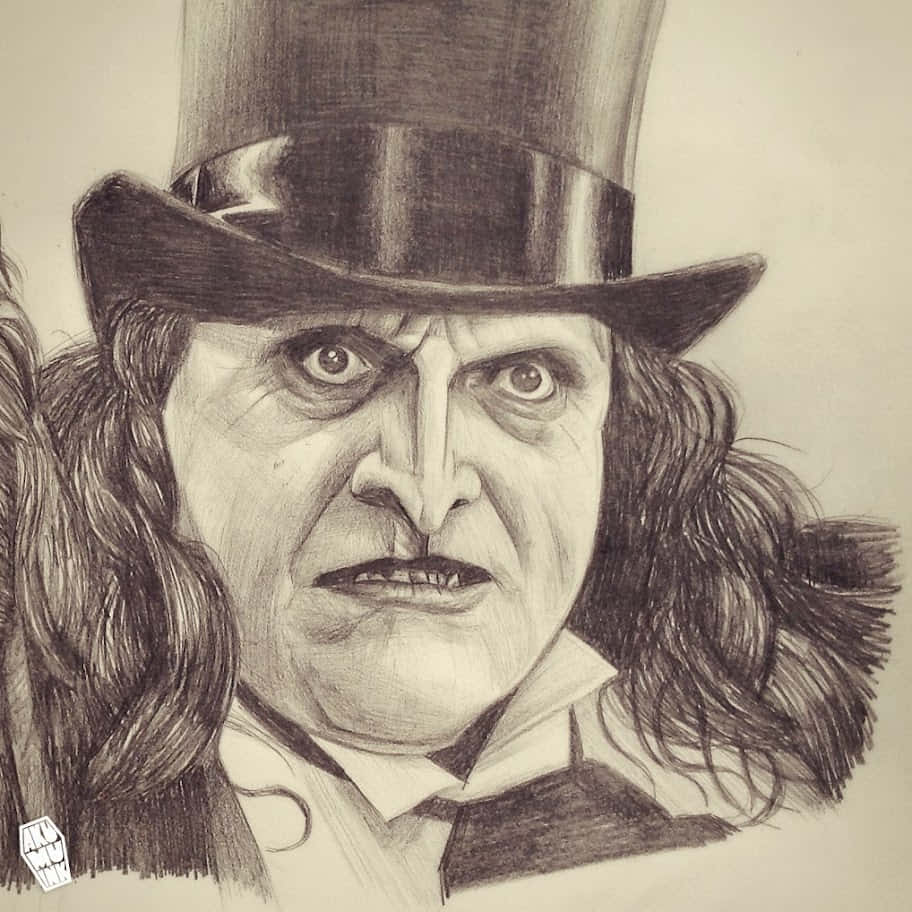Batman Penguin 桌布 壁紙 — 一幅帶有威脅性的鉛筆素描，描繪一個頭髮凌亂、戴著高頂帽、眼神銳利的男人。