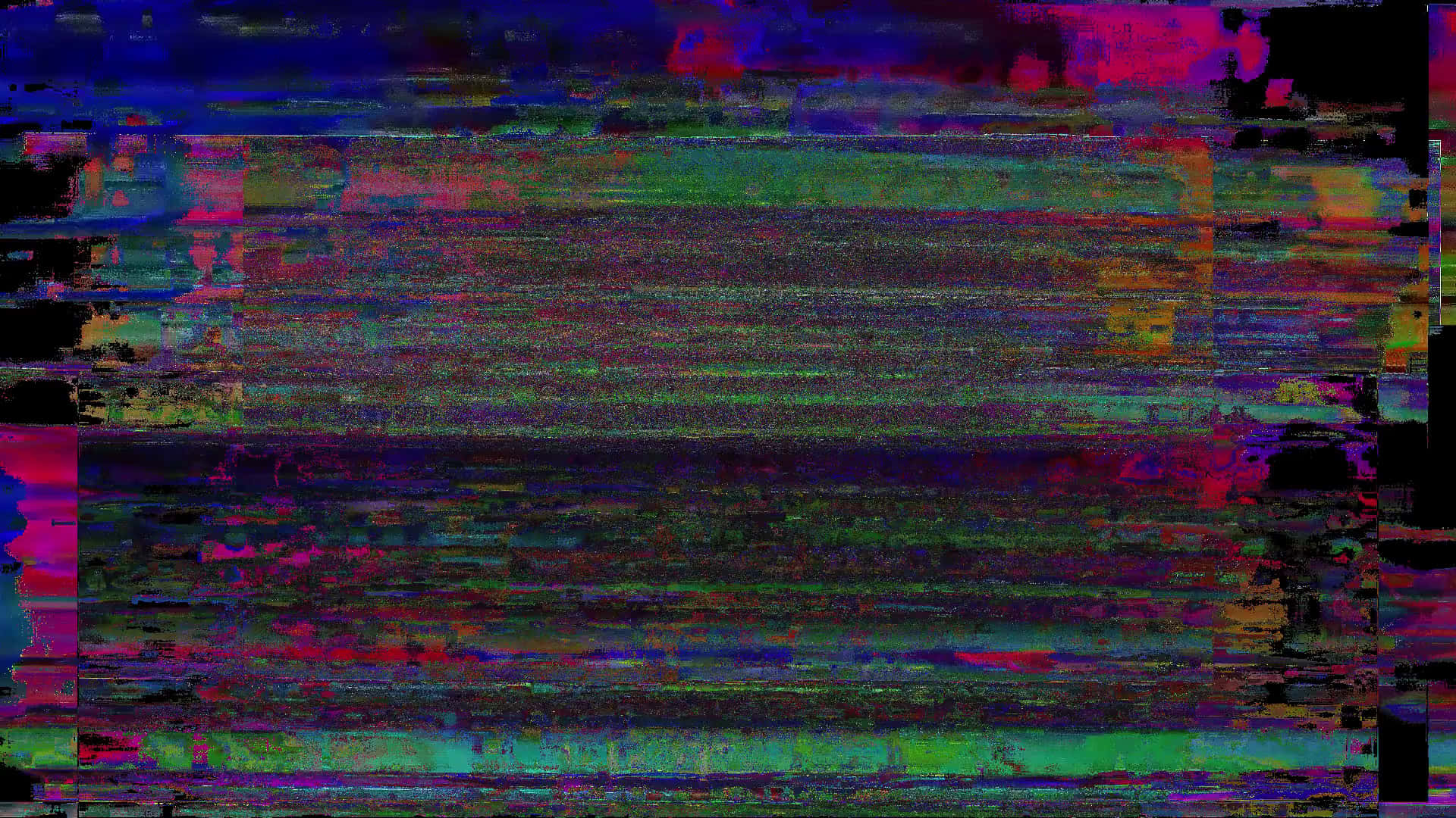 Glitch Effect 桌布 壁紙 — 一幅帶有水平數碼噪聲條紋的故障藝術牆紙，色彩鮮豔，包括紫色、粉紅色和綠色。