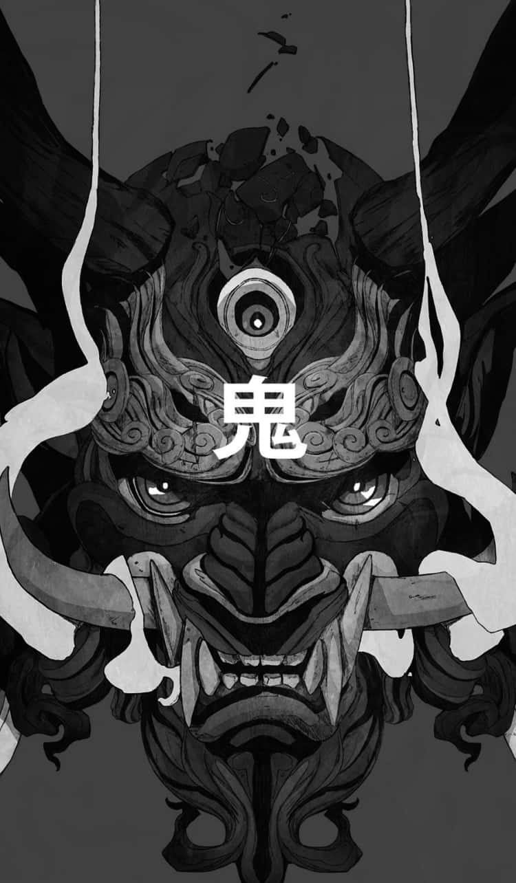Yokai 桌布 壁紙 — 一幅帶有發光眼睛和鬼字漢字置中的威嚇性日本鬼面具黑白插圖。