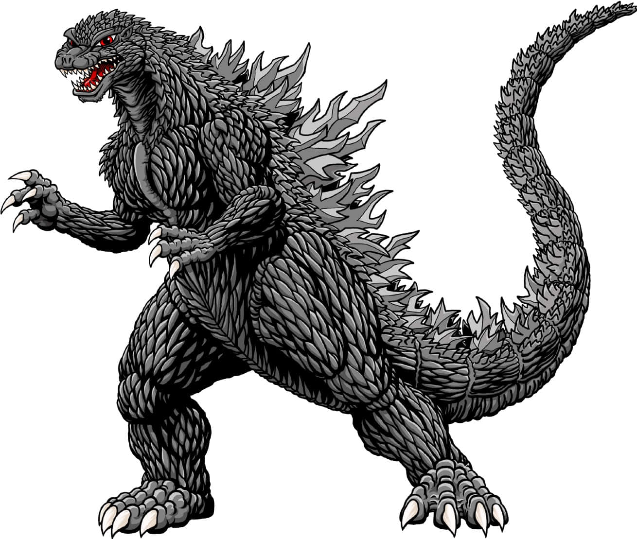 Godzilla 2000 桌布 壁紙 — 一幅帶有紅色眼睛、兇猛的黑灰色哥斯拉插圖，以動態姿勢在純白背景上咆哮。
