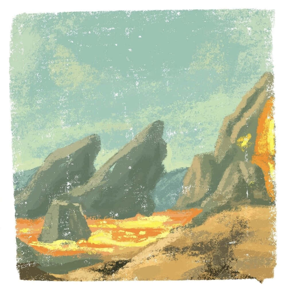 Botw 桌布 壁紙 — 一幅帶紋理的插圖，描繪在柔和青綠色天空下，帶有溫暖橙黃色地面色調的鋸齒狀岩層。
