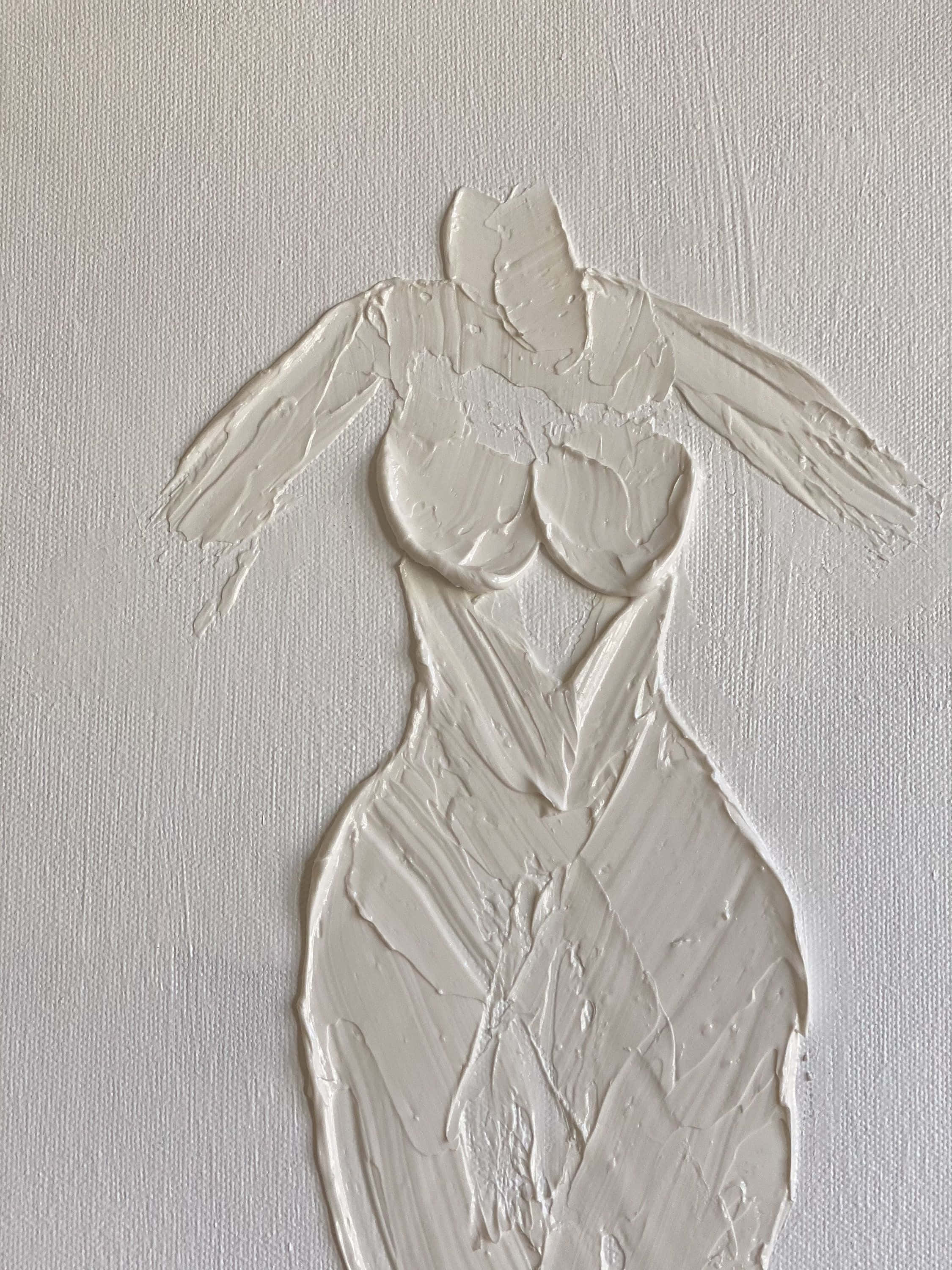 Minimalist Painting 桌布 壁紙 — 一幅帶紋理的白色顏料抽象人像畫在畫布上，以厚塗筆觸形成人形輪廓。