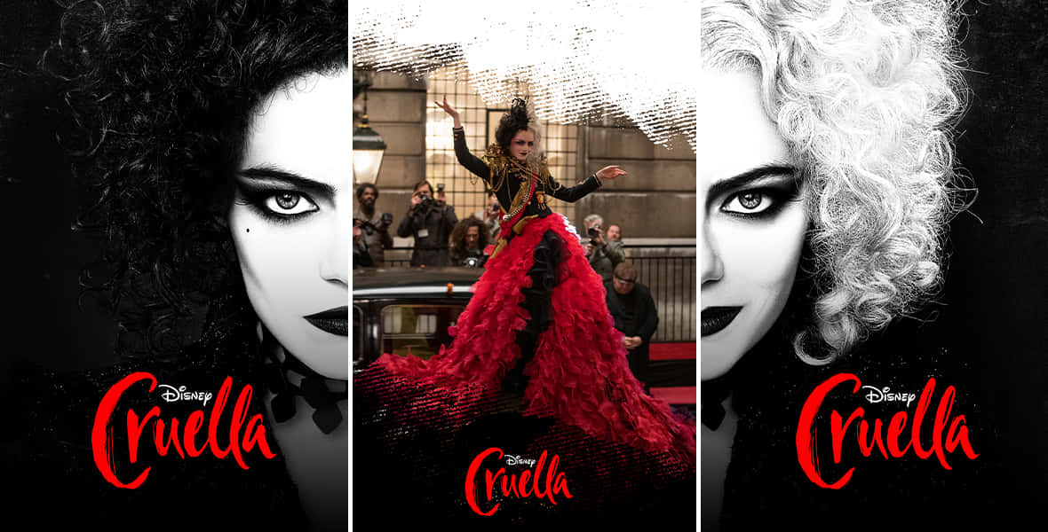 Gothic Fashion 桌布 壁紙 — 一幅引人注目的 Cruella de Vil 三聯畫，採用大膽的黑白配色，搭配鮮明的紅色點綴，展現她的標誌性造型和戲劇性氣場。