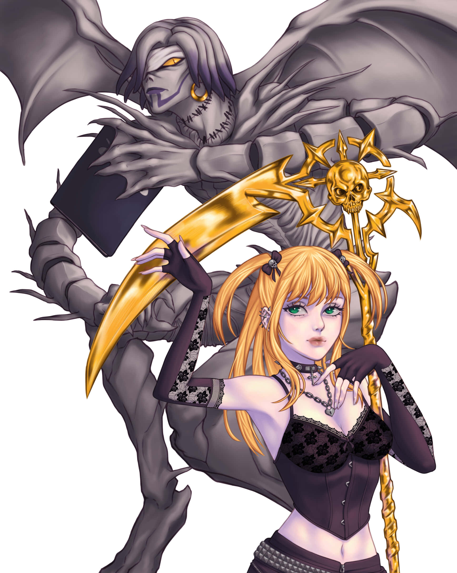 Death Note Rem 桌布 壁紙 — 一幅引人注目的動漫風格插圖，描繪一位金髮碧眼的女子手持金色鐮刀，旁邊站著一隻黃眼睛的灰色有翼惡魔。