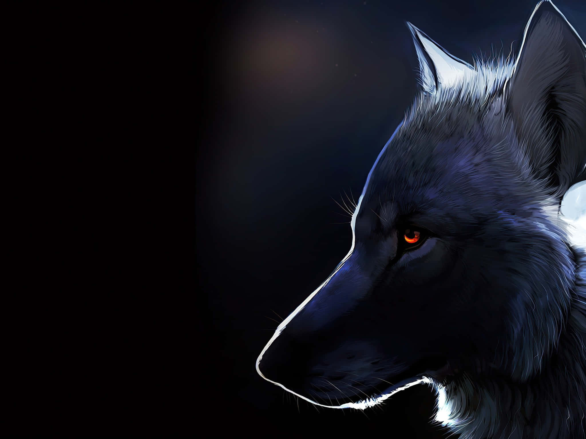 Alpha Wolf 桌布 壁紙 — 一幅引人注目的狼頭側面數碼肖像，在黑暗背景中閃爍著橙色眼睛，柔和的光線勾勒出毛髮輪廓。