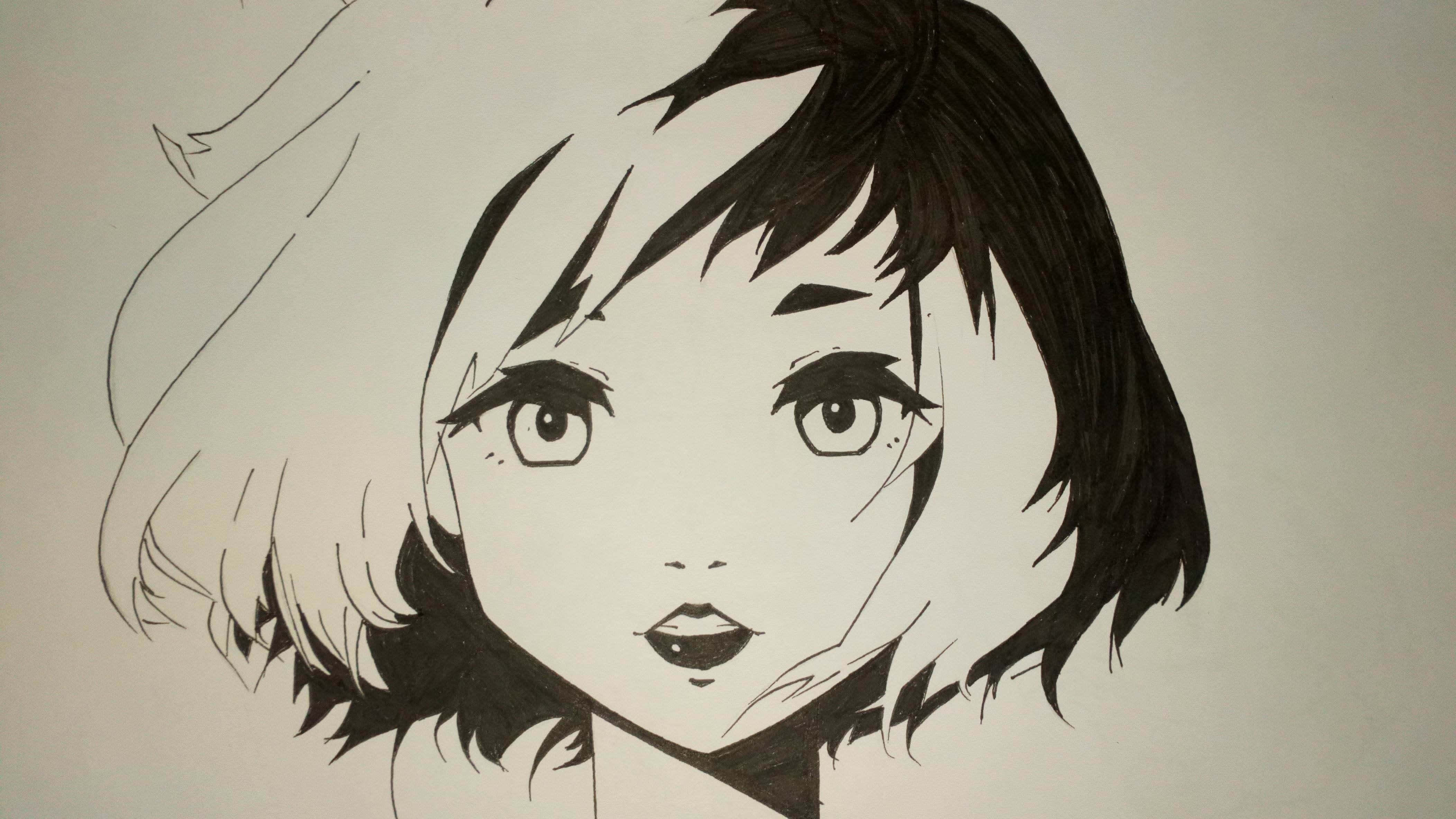 Black And White Drawings 桌布 壁紙 — 一幅引人注目的黑白動漫風格肖像，描繪一位擁有富表現力眼睛和短髮的年輕女性。