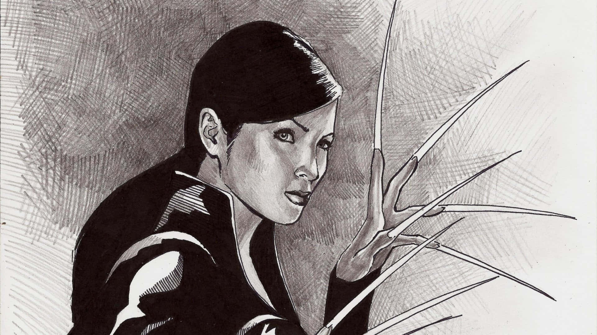 Lady Deathstrike 桌布 壁紙 — 一幅引人注目的黑白插圖，描繪一名女子從手中伸出鋒利爪子，以粗線條和戲劇性陰影呈現。