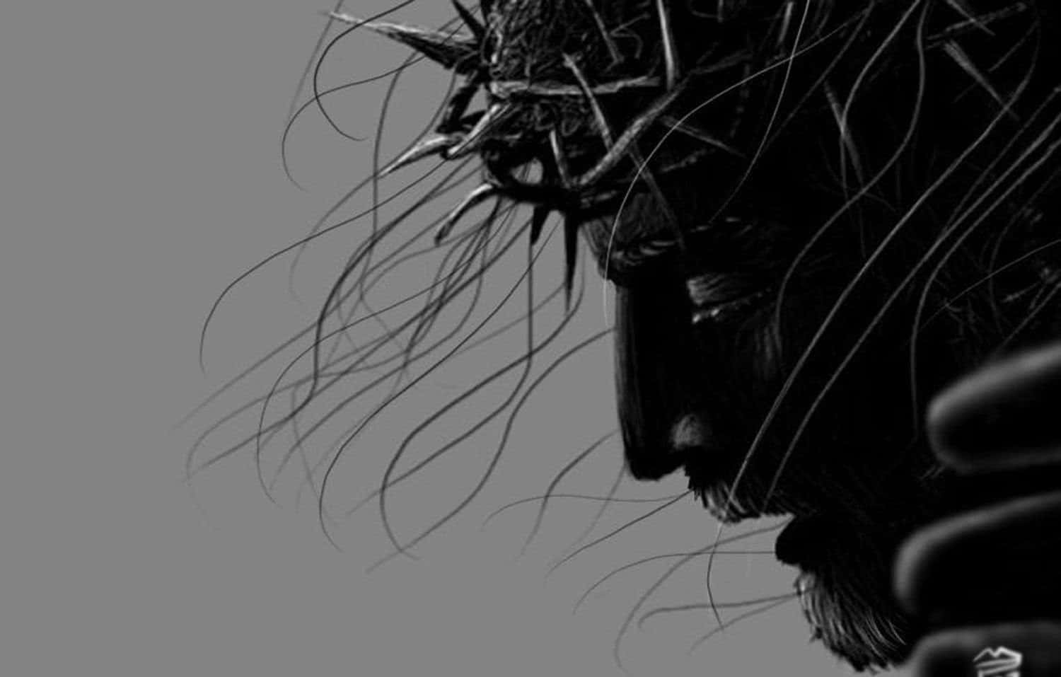 Jesus Crucifixion 桌布 壁紙 — 一幅強烈的黑白插圖，描繪一個戴著荊棘冠冕的莊嚴面孔，背景為純灰色。
