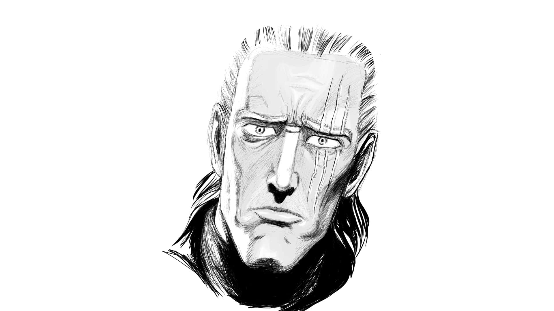 One Punch Man King 桌布 壁紙 — 一幅強烈的黑白插圖，描繪一個眼神銳利、線條分明的男人，傳達出兇猛的決心。