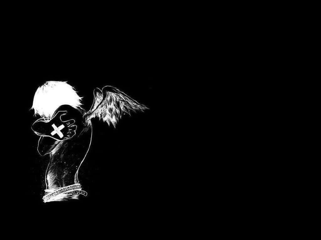 Dark Emo 桌布 壁紙 — 一幅強烈黑白插圖，描繪一個有翼的人物，臉上有一個十字架，手腕被綁在虛空中。