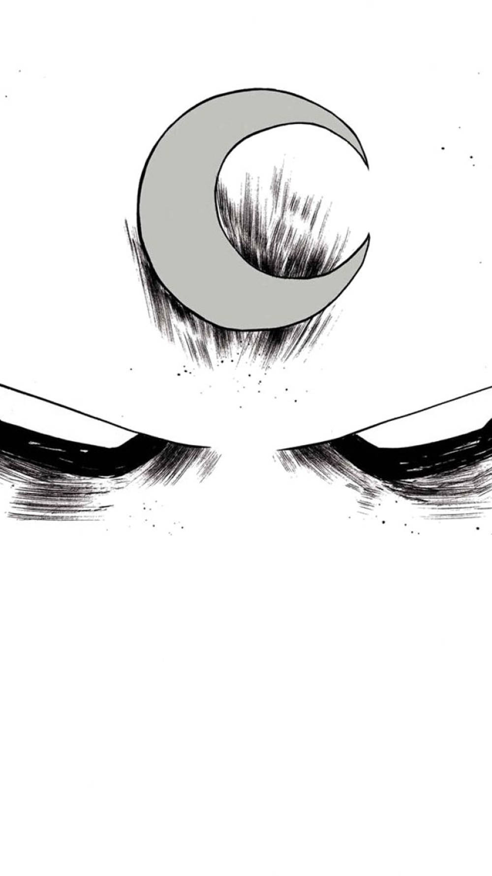 Moon Knight 桌布 壁紙 — 一幅強烈黑白插圖，描繪新月上方有銳利陰影的強烈瞪視眼睛。