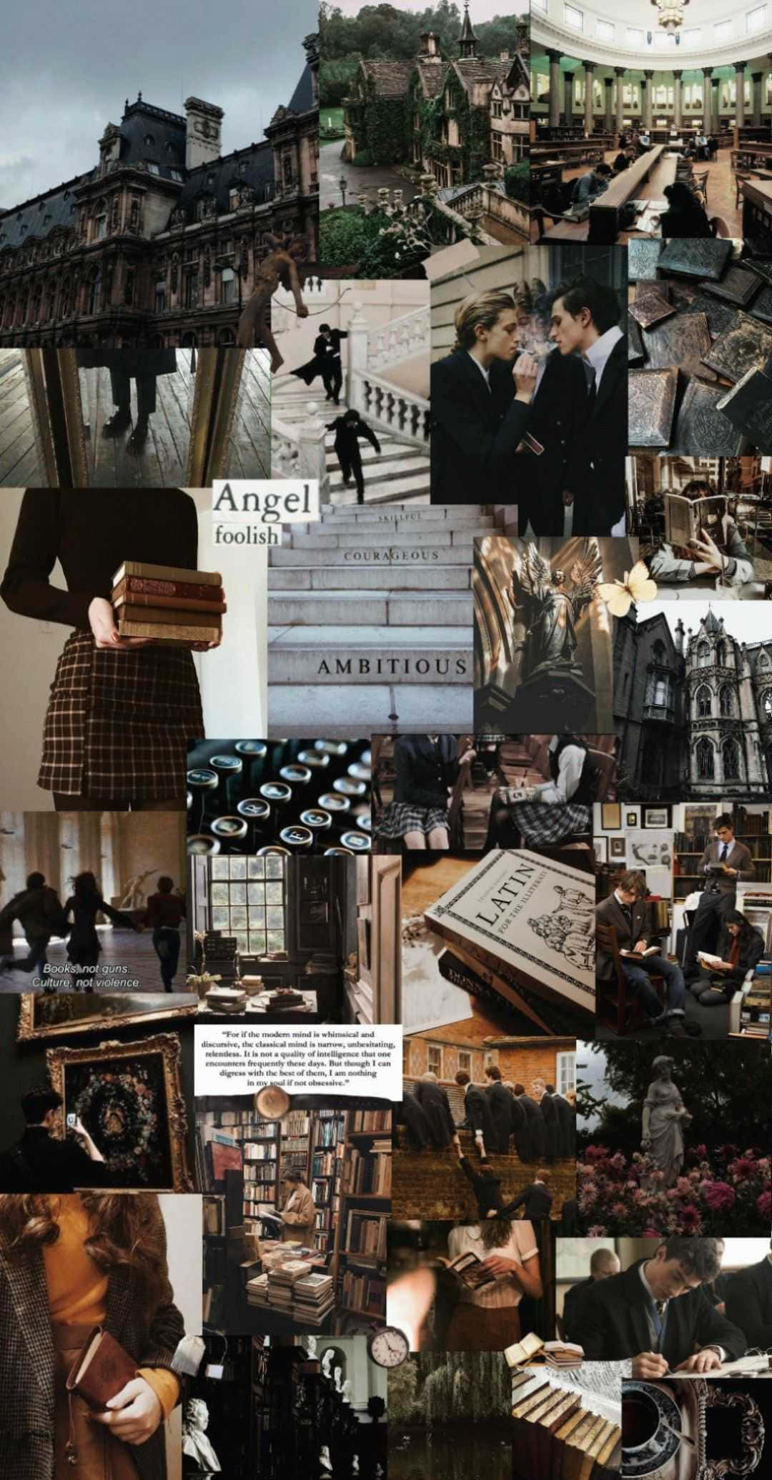 Dark Academia Aesthetic 桌布 壁紙 — 一幅復古學術場景拼貼畫，展示學生在圖書館和歷史建築中，周圍環繞著書籍和石頭建築。