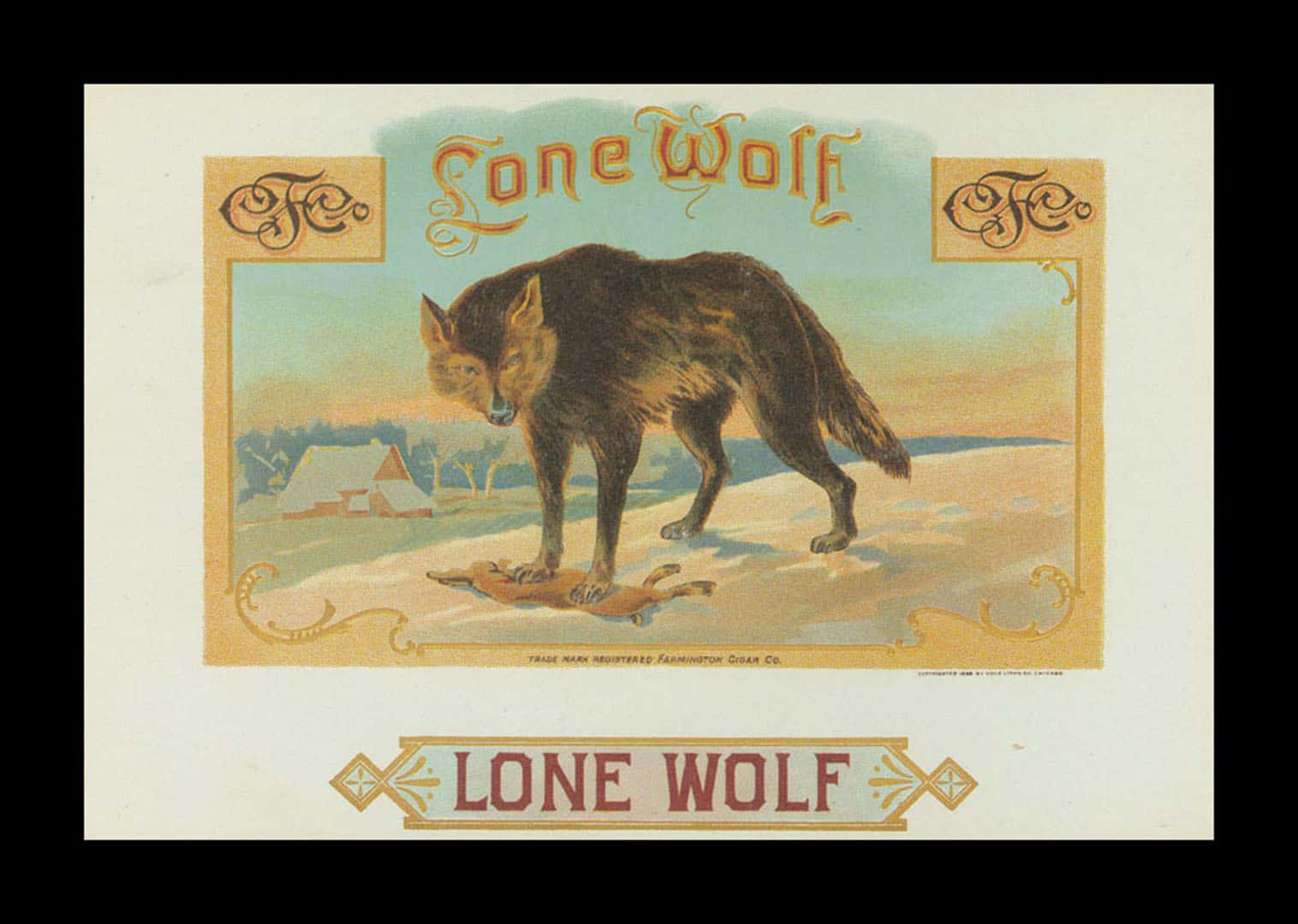 Lone Wolf 桌布 壁紙 — 一幅復古插圖，一隻孤獨的狼站在雪地裡一隻死兔子之上，遠處有一間小屋，天空柔和。
