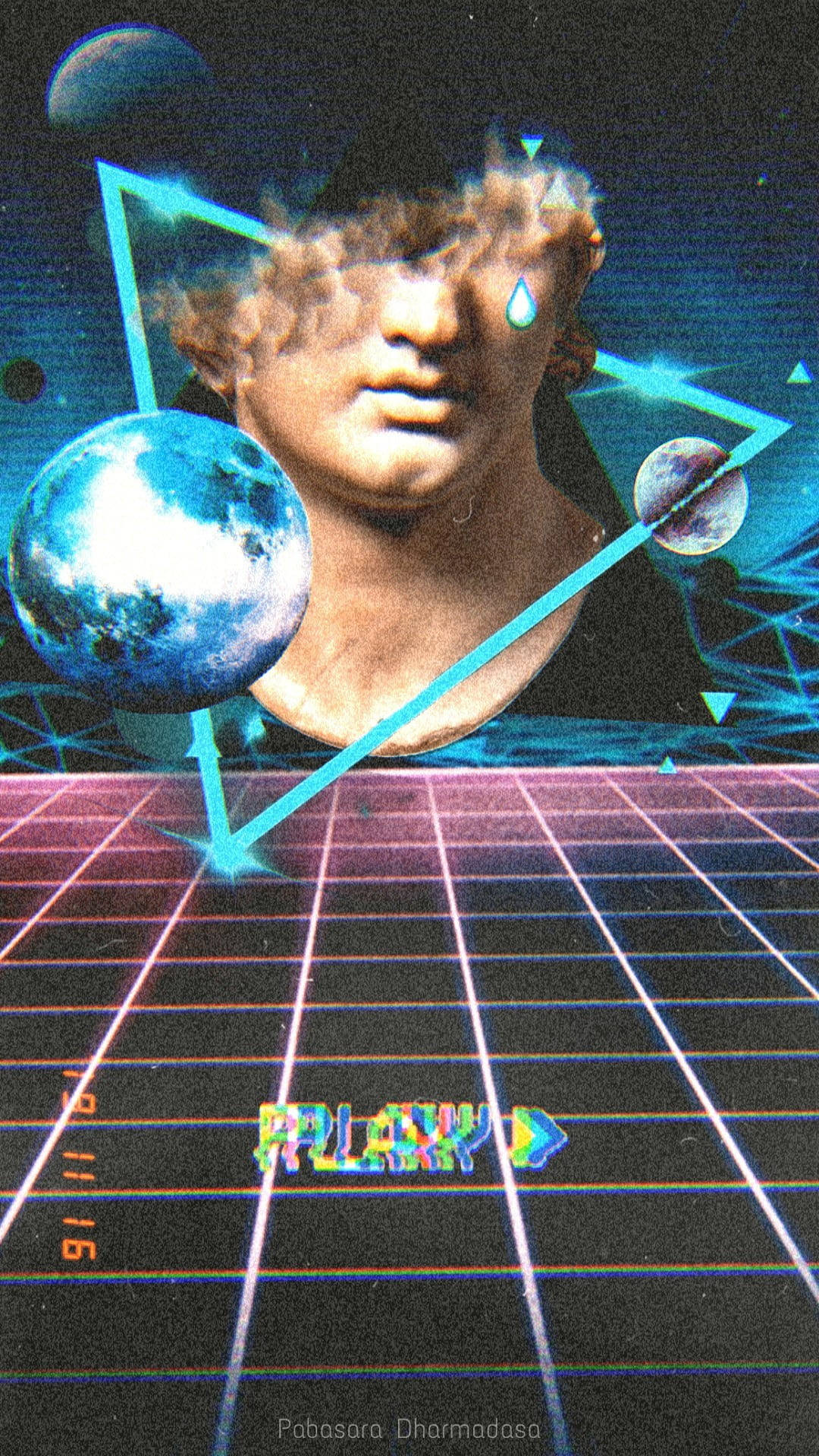 Vintage 90s Retro Aesthetic 壁紙 — 一幅復古未來主義數碼藝術作品，以宇宙為背景，古典半身像上疊加發光霓虹網格、行星和「PLAY」按鈕。