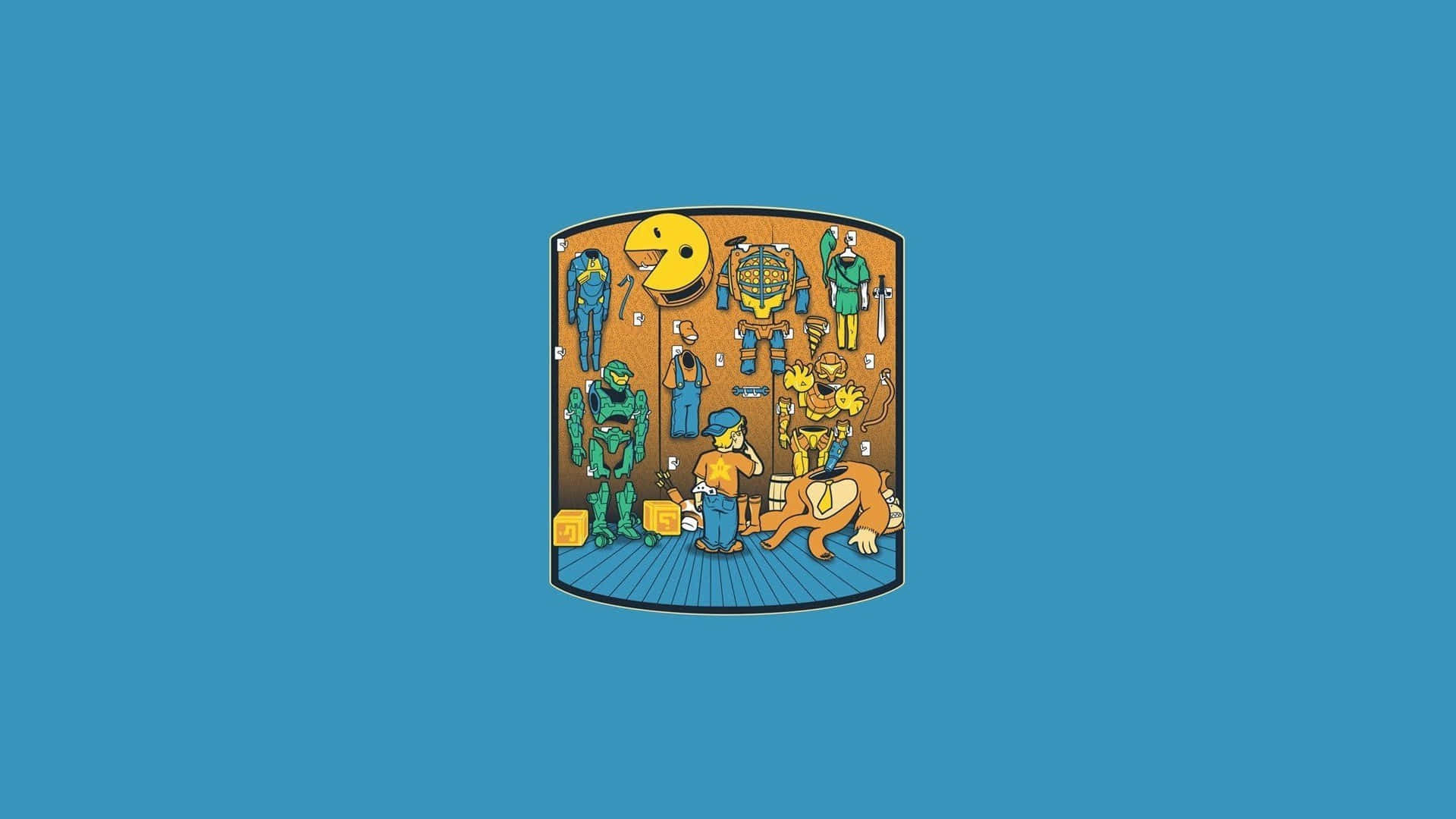 Retro Gaming 桌布 壁紙 — 一幅復古街機遊戲角色拼貼畫，以 Pacman、Mega Man 及其他經典電子遊戲圖標為特色，展示在木牆上。