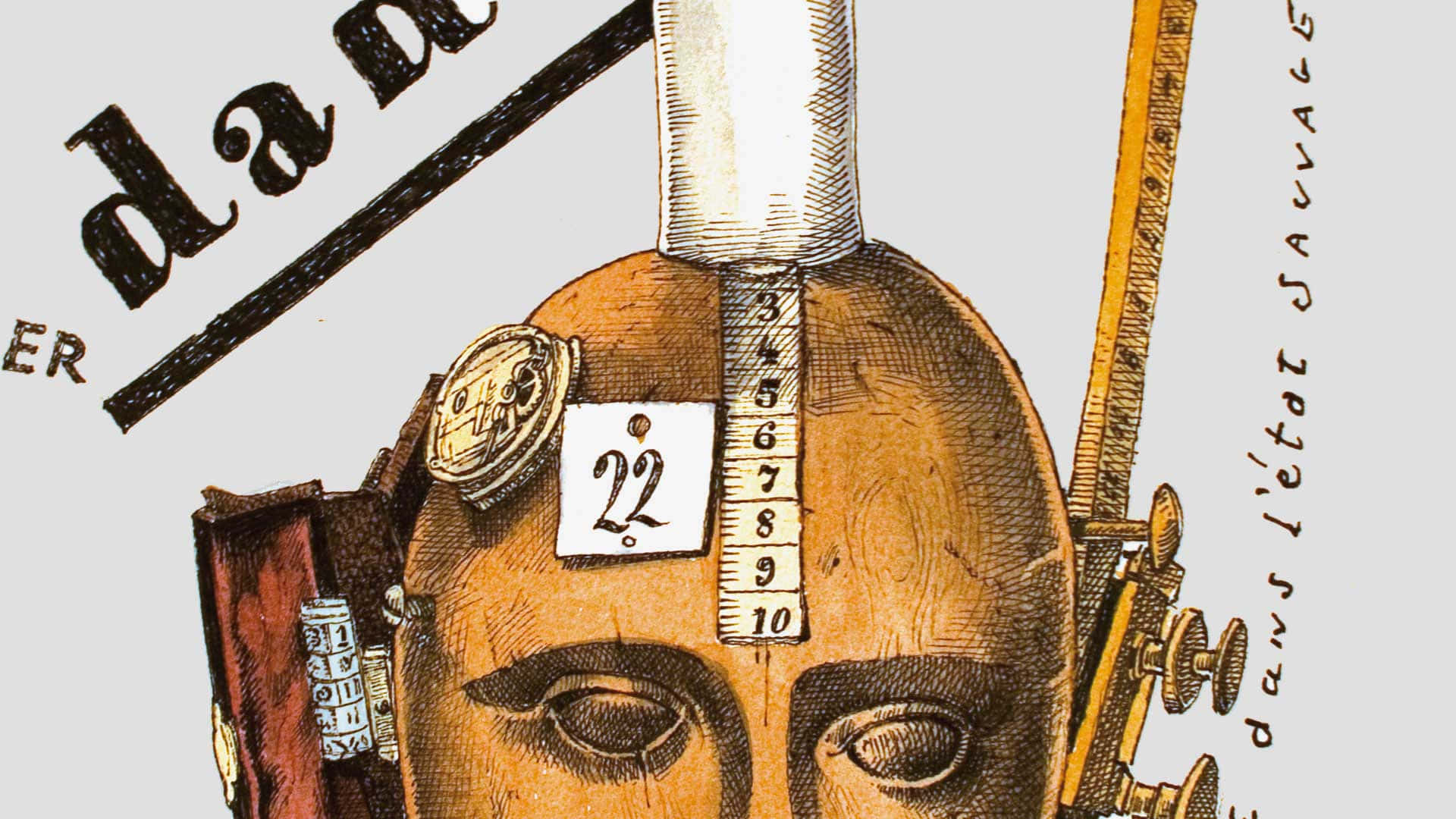 Dadaism 桌布 壁紙 — 一幅復古雕刻插圖，描繪人頭並以科學儀器和尺子測量其特徵。