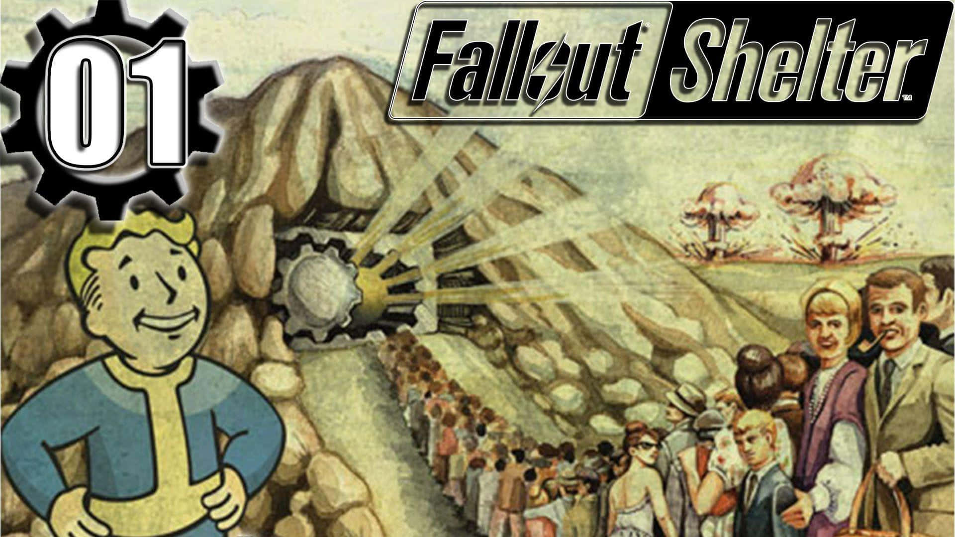 Fallout Shelter 桌布 壁紙 — 一幅復古風格插圖顯示，微笑的Vault Boy在背景中核爆發生時歡迎人們進入輻射避難所。