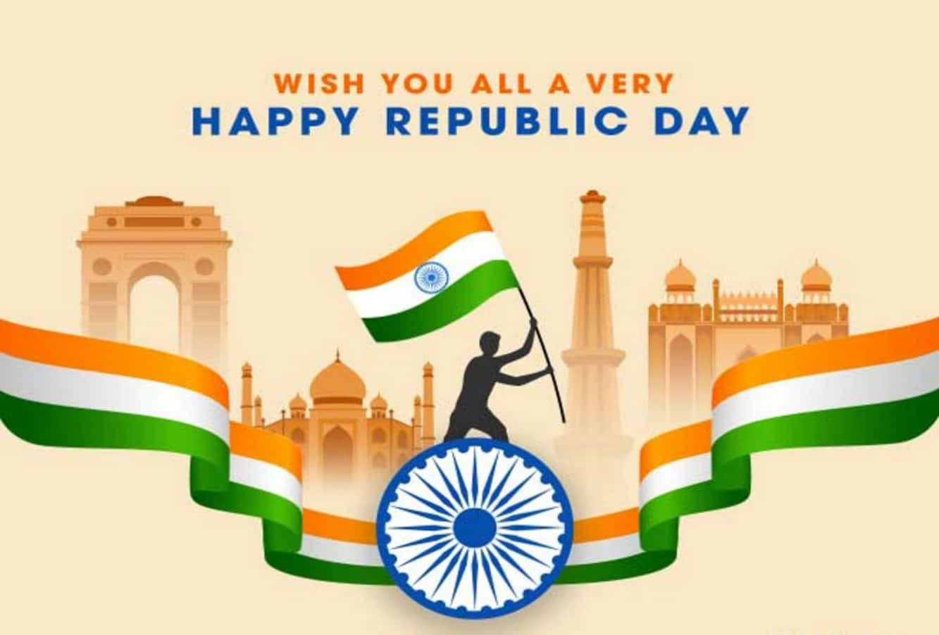 Republic Day 桌布 壁紙 — 一幅慶祝性的數位插圖，描繪一個剪影人物在標誌性地標和三色絲帶中揮舞印度國旗。