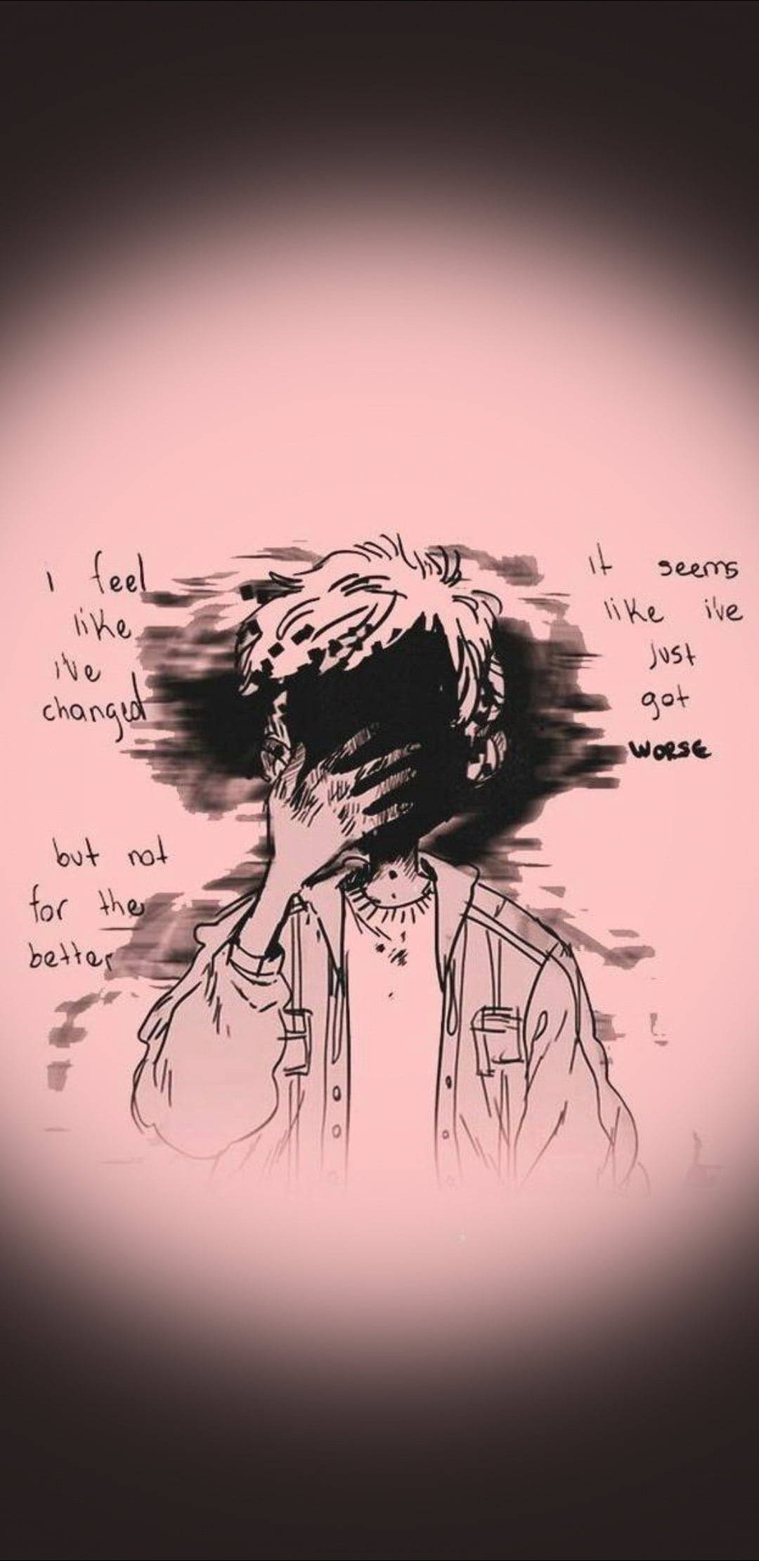 Depression Aesthetic 桌布 壁紙 — 一幅憂鬱的動漫風格素描，人物用表達內心掙扎的文字遮住臉龐，背景是柔和的粉紅色漸變。