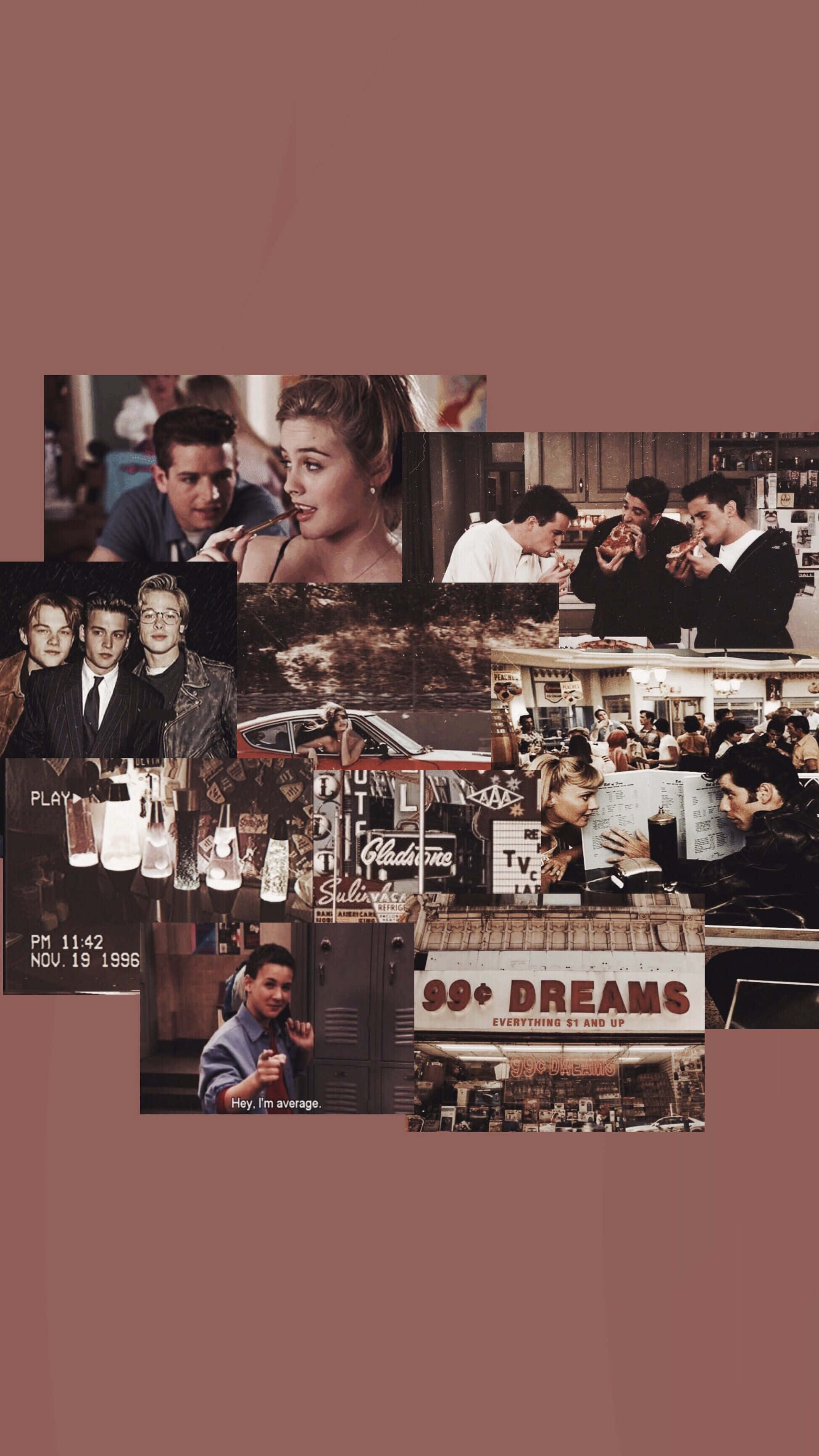 Baddie Vintage 90's Aesthetic 桌布 壁紙 — 一幅懷舊拼貼畫，來自電視劇《Dawson's Creek》的場景，角色出現在餐廳和街頭環境中，帶有1990年代的復古美學。