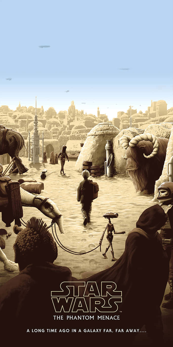The Phantom Menace 桌布 壁紙 — 一幅懷舊色調的星際大戰場景描繪了晴朗天空下一個熙熙攘攘的沙漠市集，充滿了各種外星物種和生物。