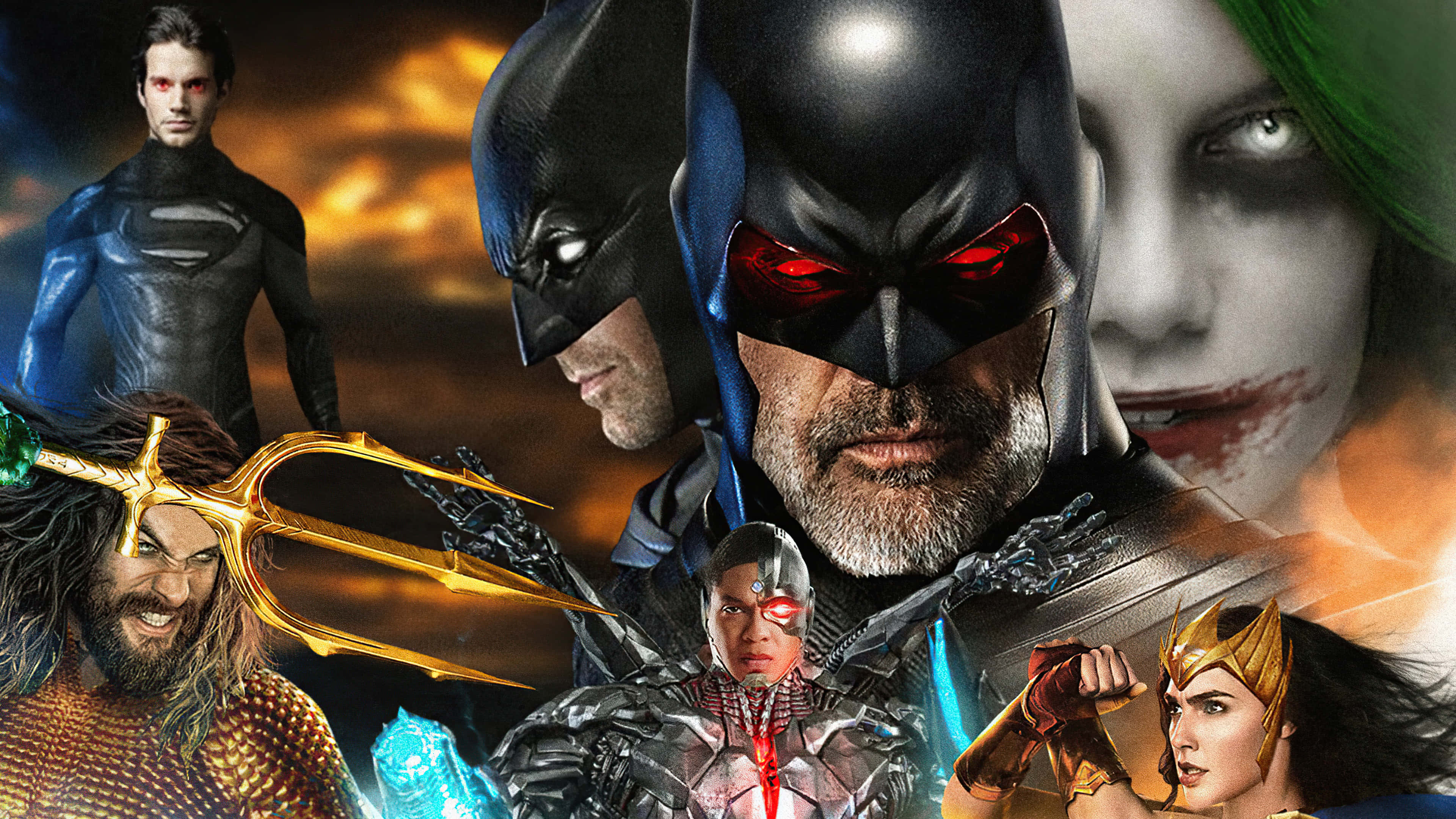 Justice League The Flashpoint Paradox 桌布 壁紙 — 一幅戲劇性的DC超級英雄與反派拼貼畫，包括蝙蝠俠、神奇女俠、水行俠和小丑女，背景是火紅的橙色天空。