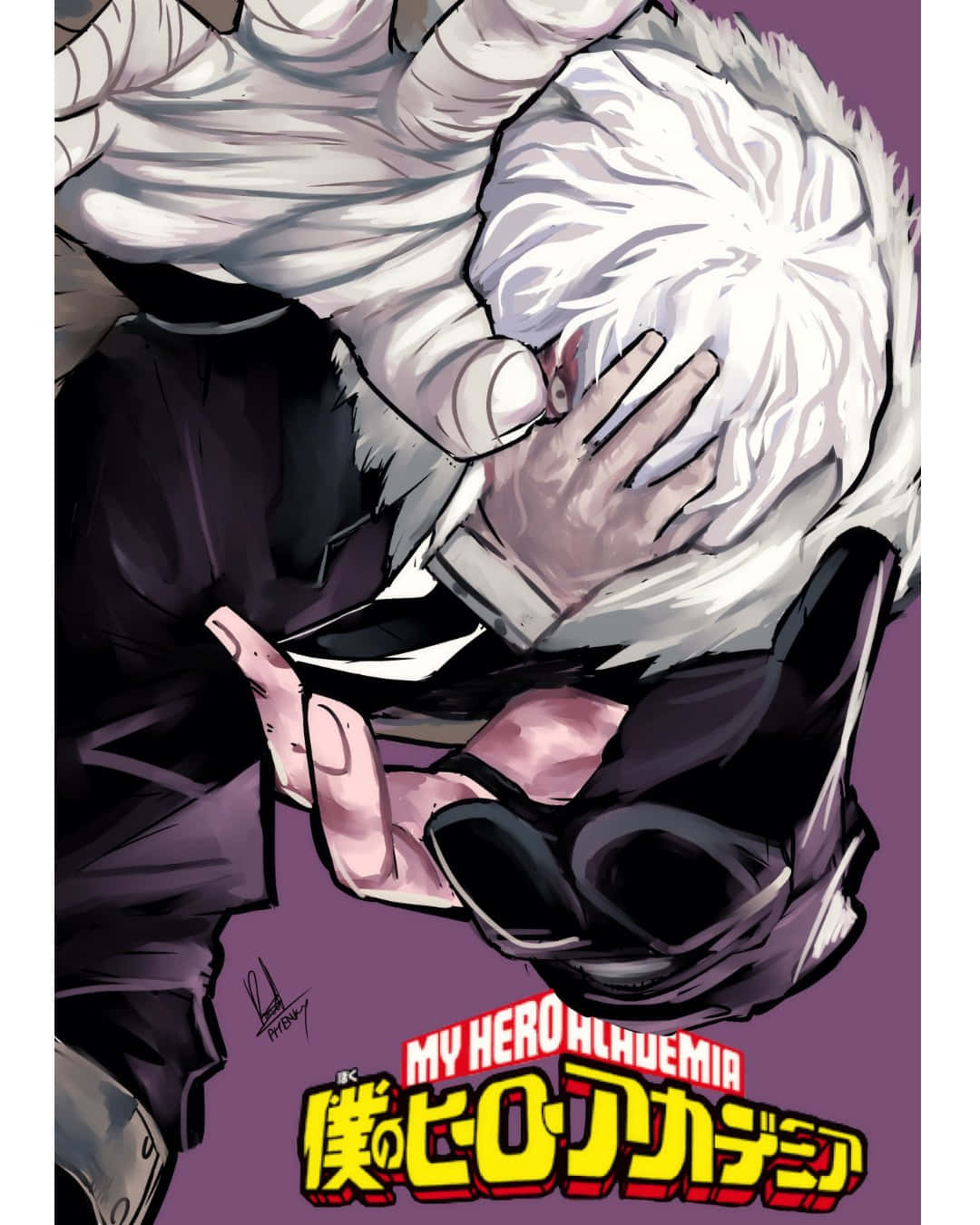 Tomura Shigaraki 桌布 壁紙 — 一幅戲劇性的動漫插圖，描繪一位白髮角色身穿深色西裝，在紫色背景前擁抱另一個人。