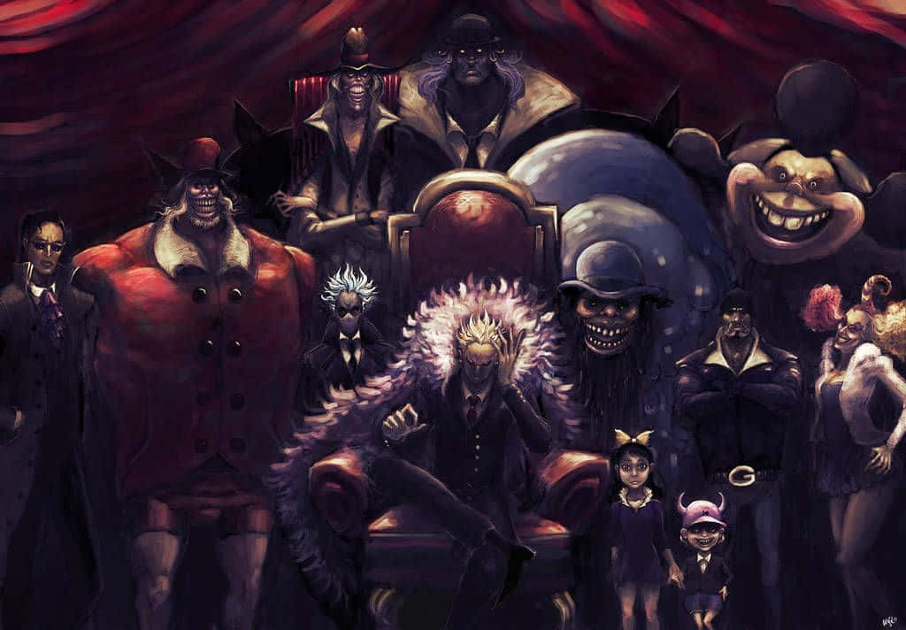 Donquixote Family 桌布 壁紙 — 一幅戲劇性的動漫插圖，描繪一群威脅性的角色聚集在紅色窗簾下的王座周圍。
