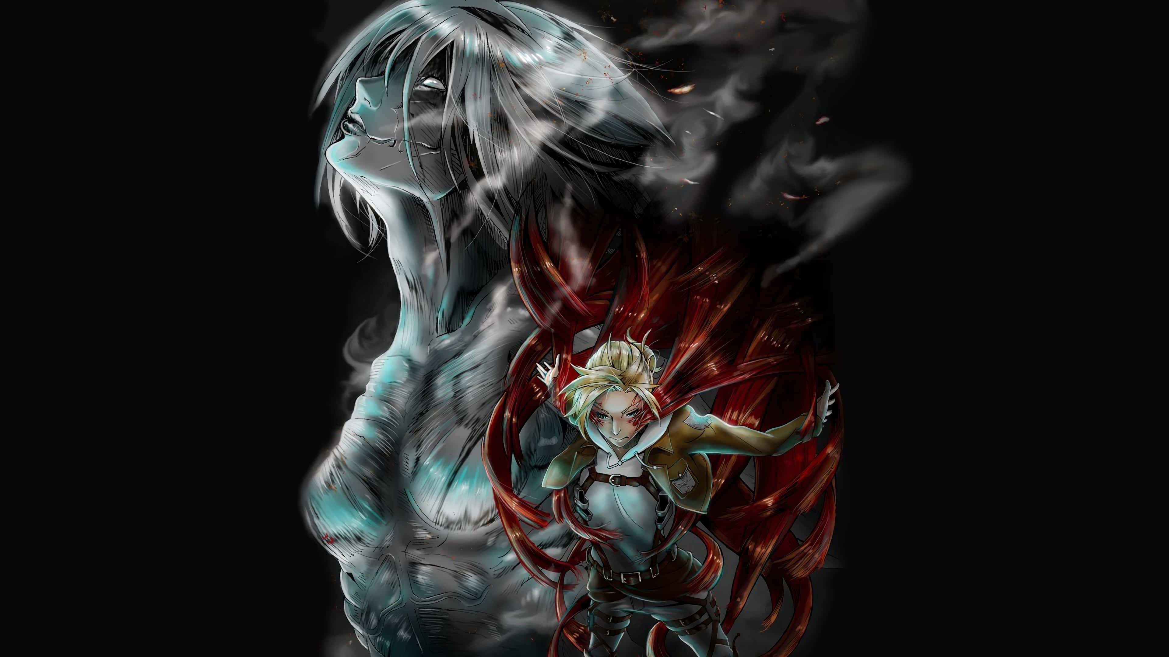 Female Titan 桌布 壁紙 — 一幅戲劇性的動漫風格插圖，描繪一位金髮戰士帶著紅色能量觸手，在黑色虛空中對峙一個高聳的鬼影。