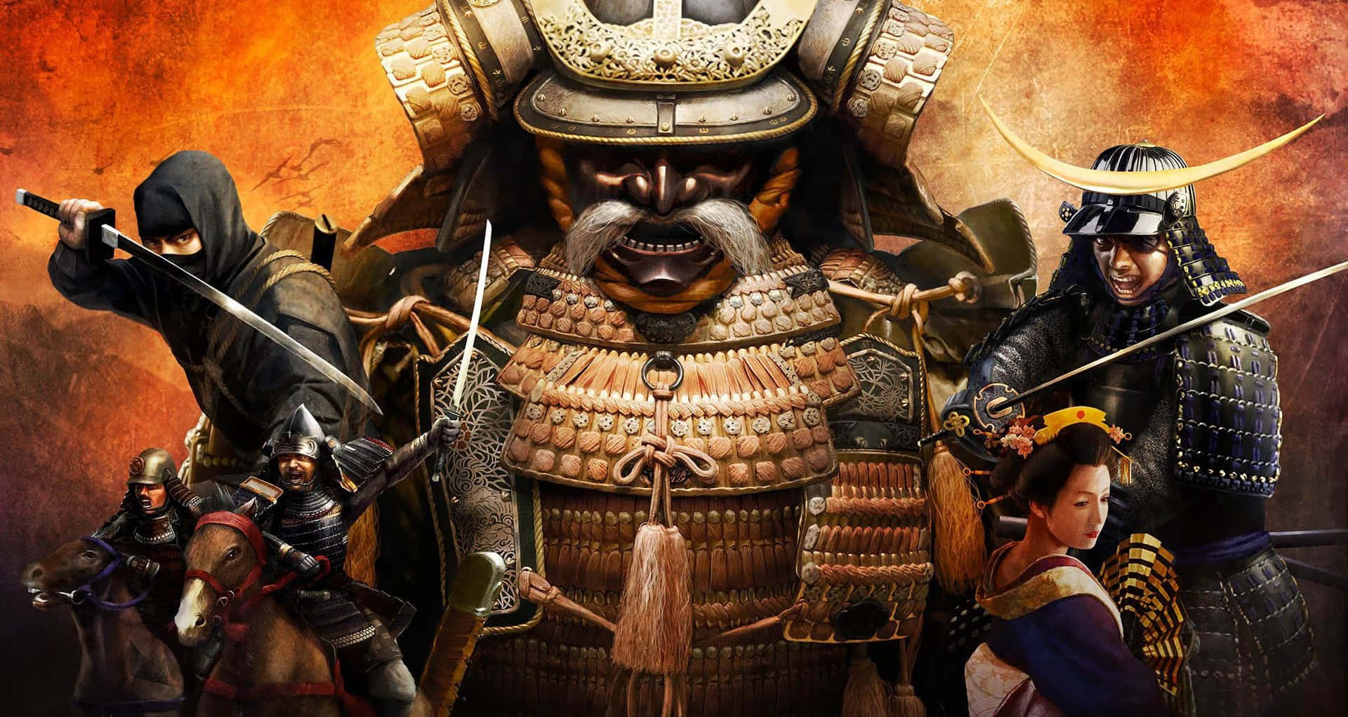 Shogun 桌布 壁紙 — 一幅戲劇性的動漫風格插圖，描繪一位高大的武士，被武裝戰士和一名跪著的女子包圍，背景是火熱的橙色。