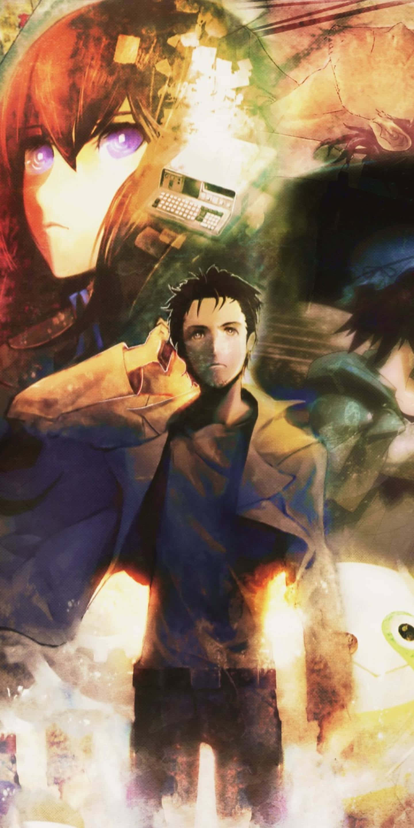 Rintaro Okabe 桌布 壁紙 — 一幅戲劇性的動漫風格插圖，描繪一位中央男性角色被發光的神秘元素和其他角色包圍，處於超現實的火焰環境中。