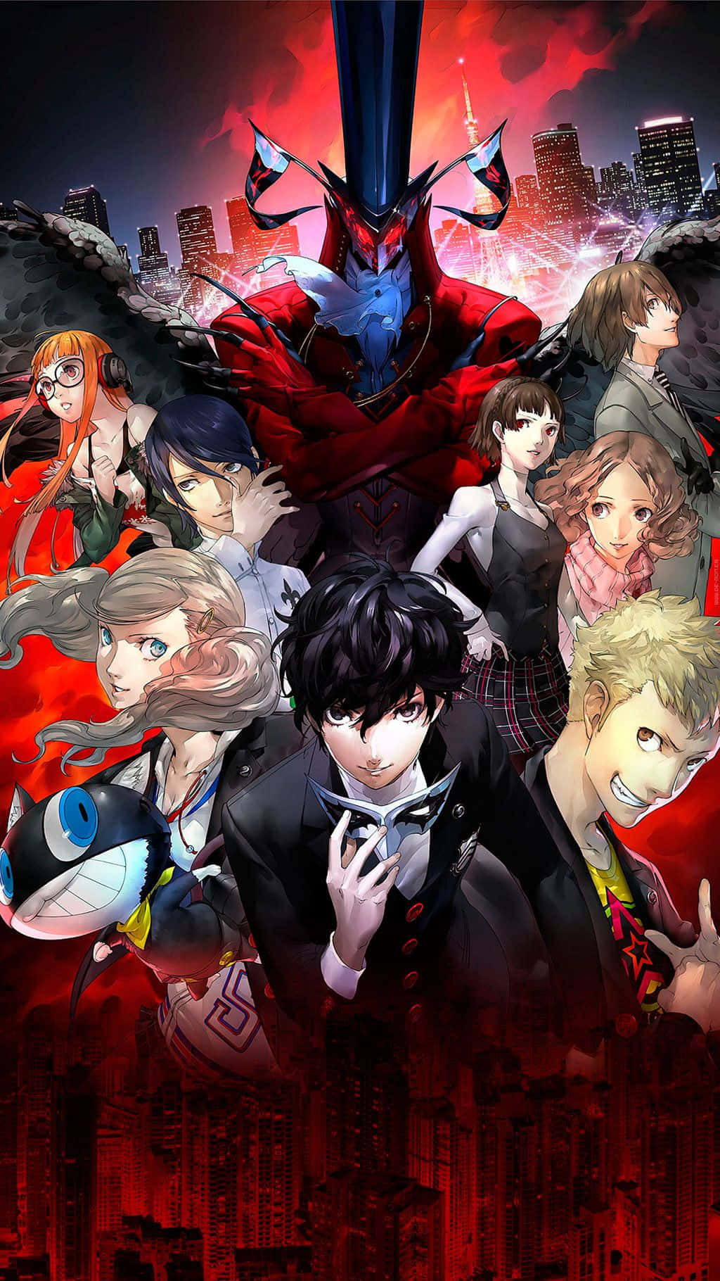 persona 桌布 壁紙 — 一幅戲劇性的動畫群像，以熾熱的城市天際線為背景，描繪了一個高聳的紅色惡魔和各種角色。