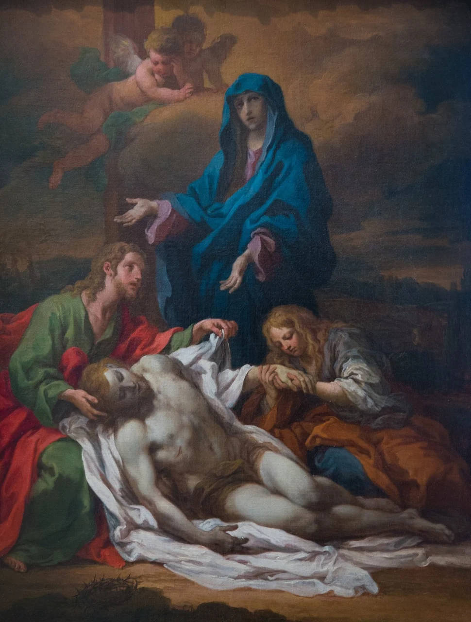 Mary 桌布 壁紙 — 一幅戲劇性的宗教畫描繪了耶穌的遺體在陰天天空下，由瑪利亞和聖約翰哀悼，上方有天使的悲傷場景。