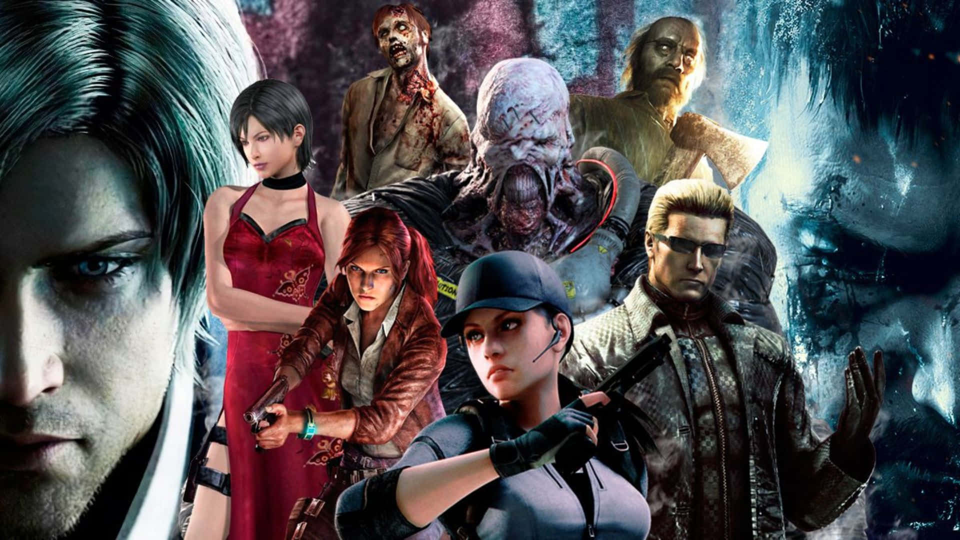 Resident Evil Characters 桌布 壁紙 — 一幅戲劇性的拼貼畫，描繪了包括里昂、艾達、吉爾和喪屍在內的標誌性《生化危機》角色，背景陰暗詭異。
