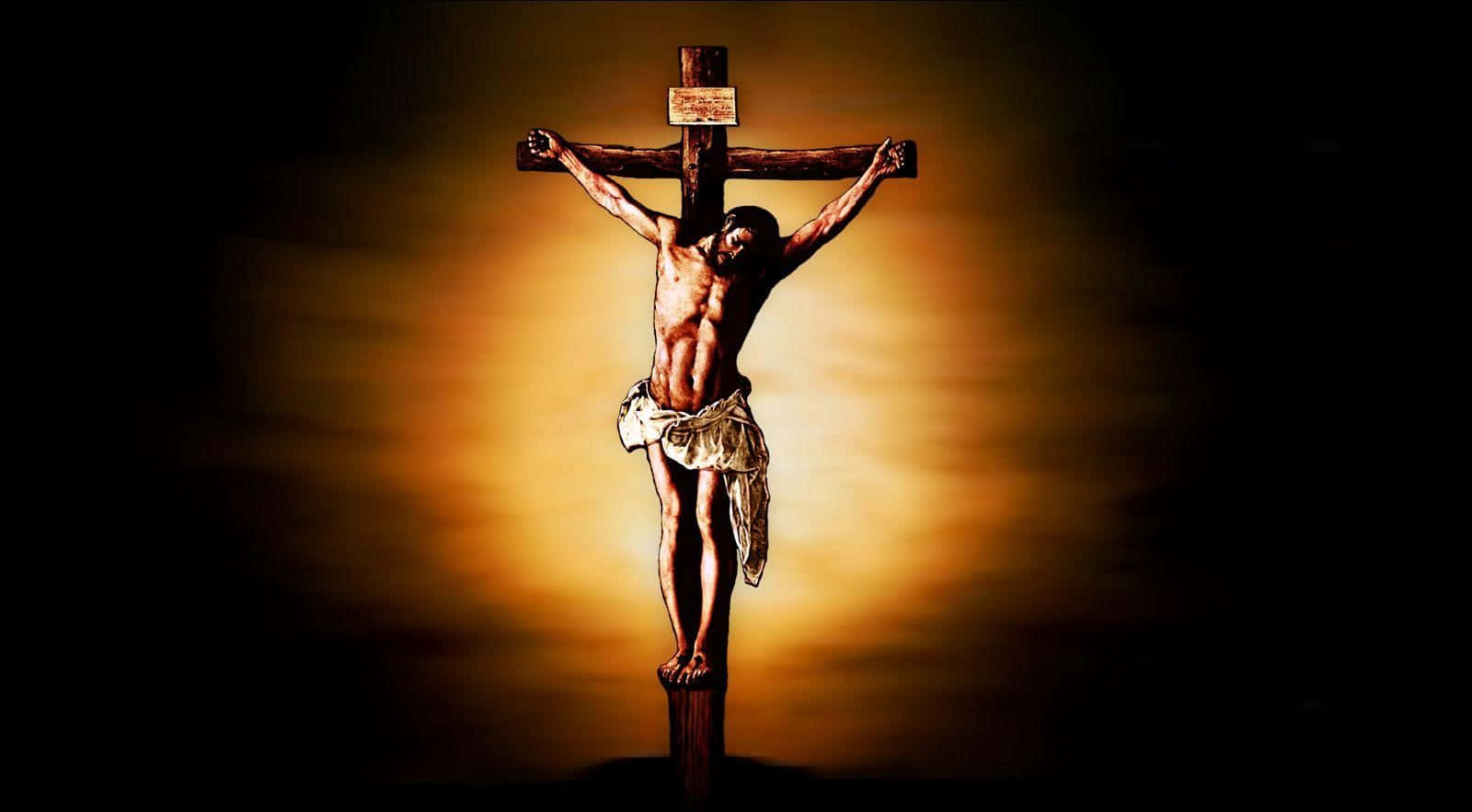 Jesus Crucifixion 桌布 壁紙 — 一幅戲劇性的描繪，耶穌被釘在木製十字架上，背後有耀眼的金色光環，背景黑暗。