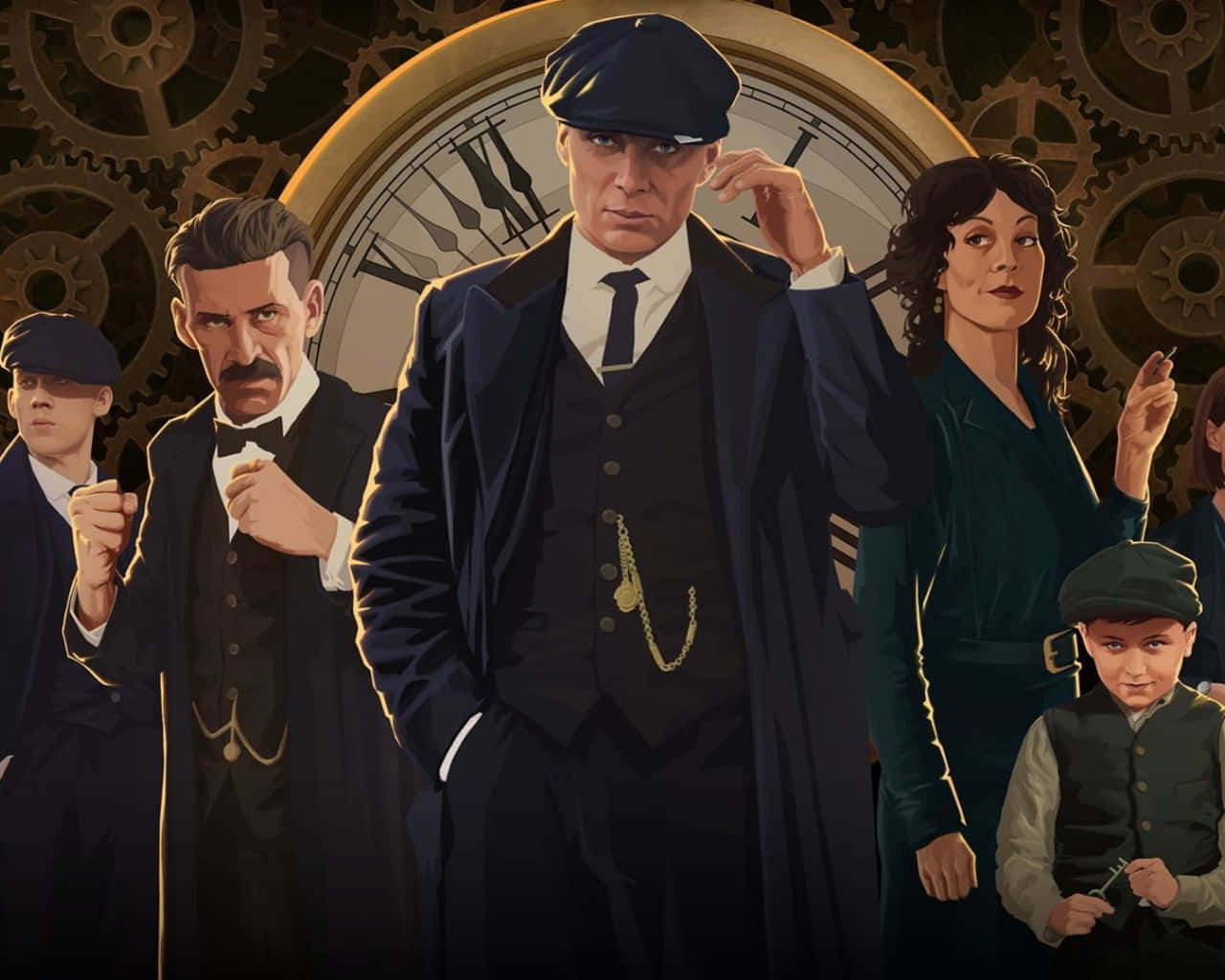 Peaky Blinders 桌布 壁紙 — 一幅戲劇性的插圖，描繪一群穿著復古西裝和帽子的男女站在一個巨大的時鐘和齒輪前。