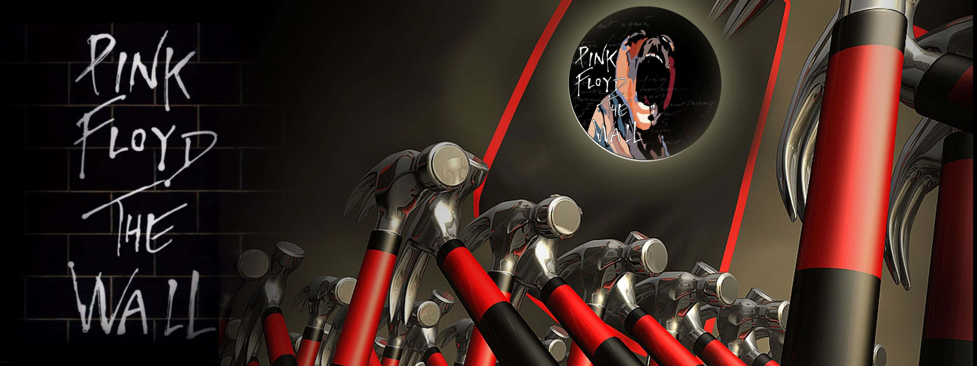 Pink Floyd《The Wall》 壁紙 — 一幅戲劇性的數碼藝術作品，眾多紅色和銀色鎚子指向一個圓形窗戶，窗戶內顯示一個尖叫的臉孔，並在深色磚牆上帶有「Pink Floyd The Wall」文字。