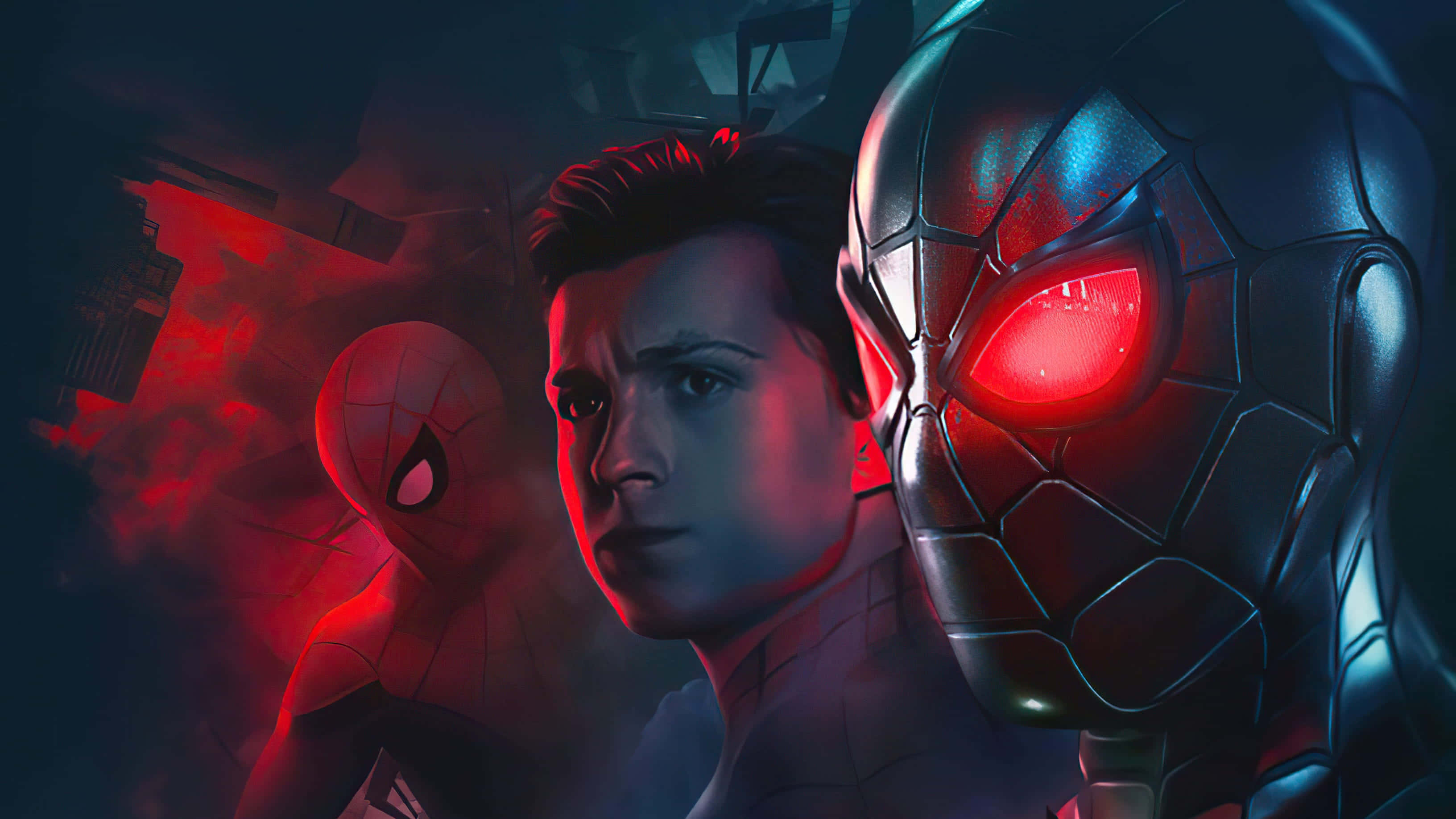 Spider Man No Way Home 桌布 壁紙 — 一幅戲劇性的數碼藝術肖像，描繪蜘蛛俠和邁爾斯·莫拉萊斯在黑暗的城市環境中，帶有發光的紅眼睛和煙霧瀰漫的氣氛。