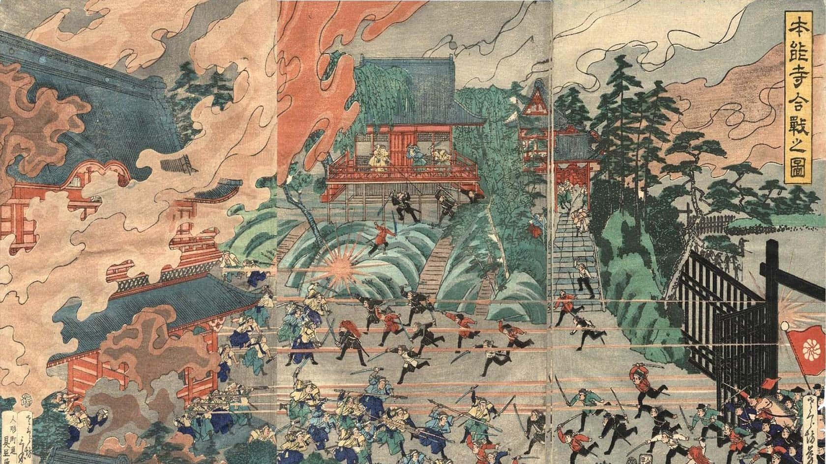 Painting 桌布 壁紙 — 一幅戲劇性的日本木版畫描繪了寺廟中一場混亂的戰鬥，武士們在煙霧和火焰中交戰。