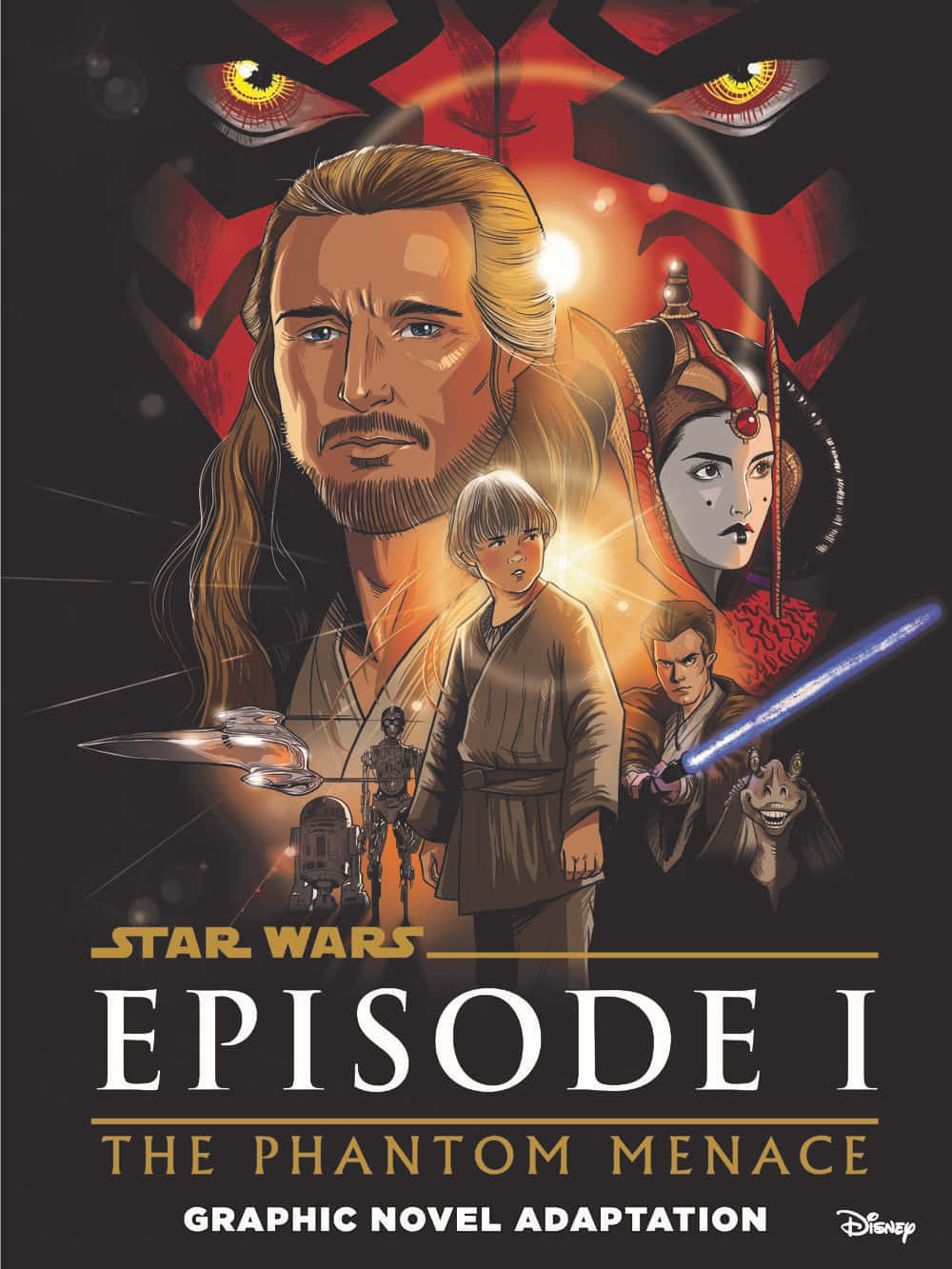 The Phantom Menace 桌布 壁紙 — 一幅戲劇性的星際大戰圖像小說封面， featuring Anakin Skywalker、Padmé Amidala 和年輕的 Obi-Wan Kenobi，背景是威脅性的紅色西斯尊主。